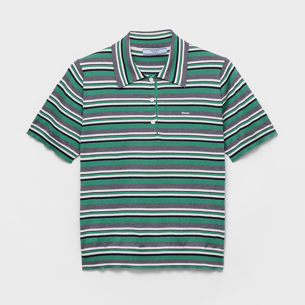 PRADA Meadow slate Short-sleeved Striped Cotton Polo Shirt #384032