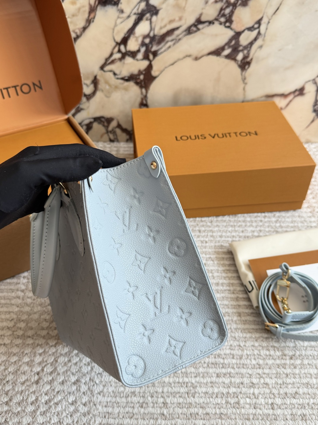 Louis Vuitton Onthego Tote Bag Light Blue Leather with Embossed Logo Pattern (Replica)