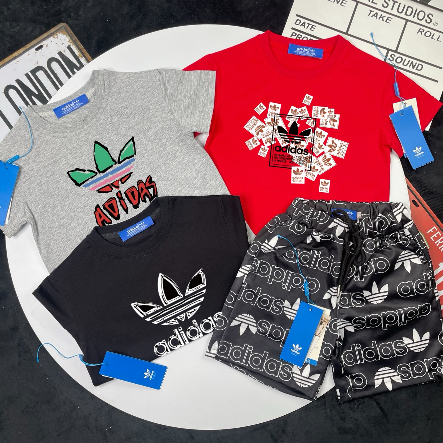 Adidas Kids 2Pcs Graphic Trefoil Tee & All Over Print Shorts Outfit For Boys Girls Full Original Tags Sizes 90-150