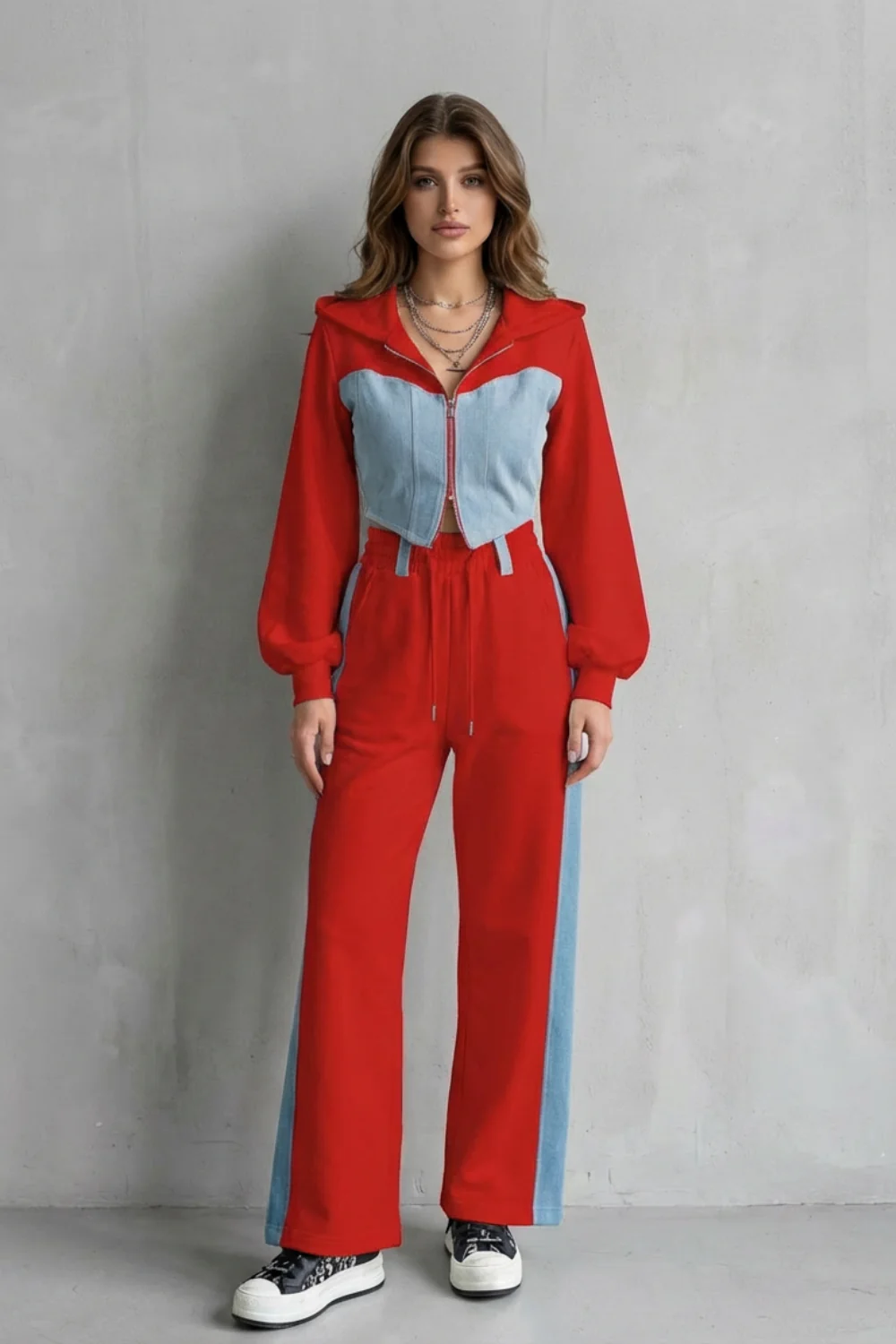 Arlo – Denim Splice – Two-Piece Hoodie & Sweatpant Set
