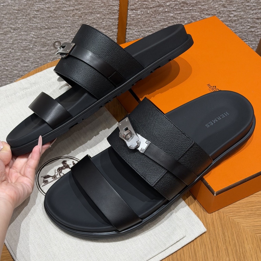 [TOP] HERMES Men's Jackson Calfskin Slippers - Black - 711 Luxury