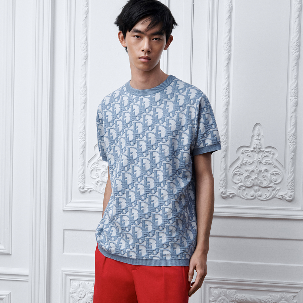 DIOR Dior Oblique T-Shirt Regular Fit Blue Cotton-Wool-Silk Jacquard #381597