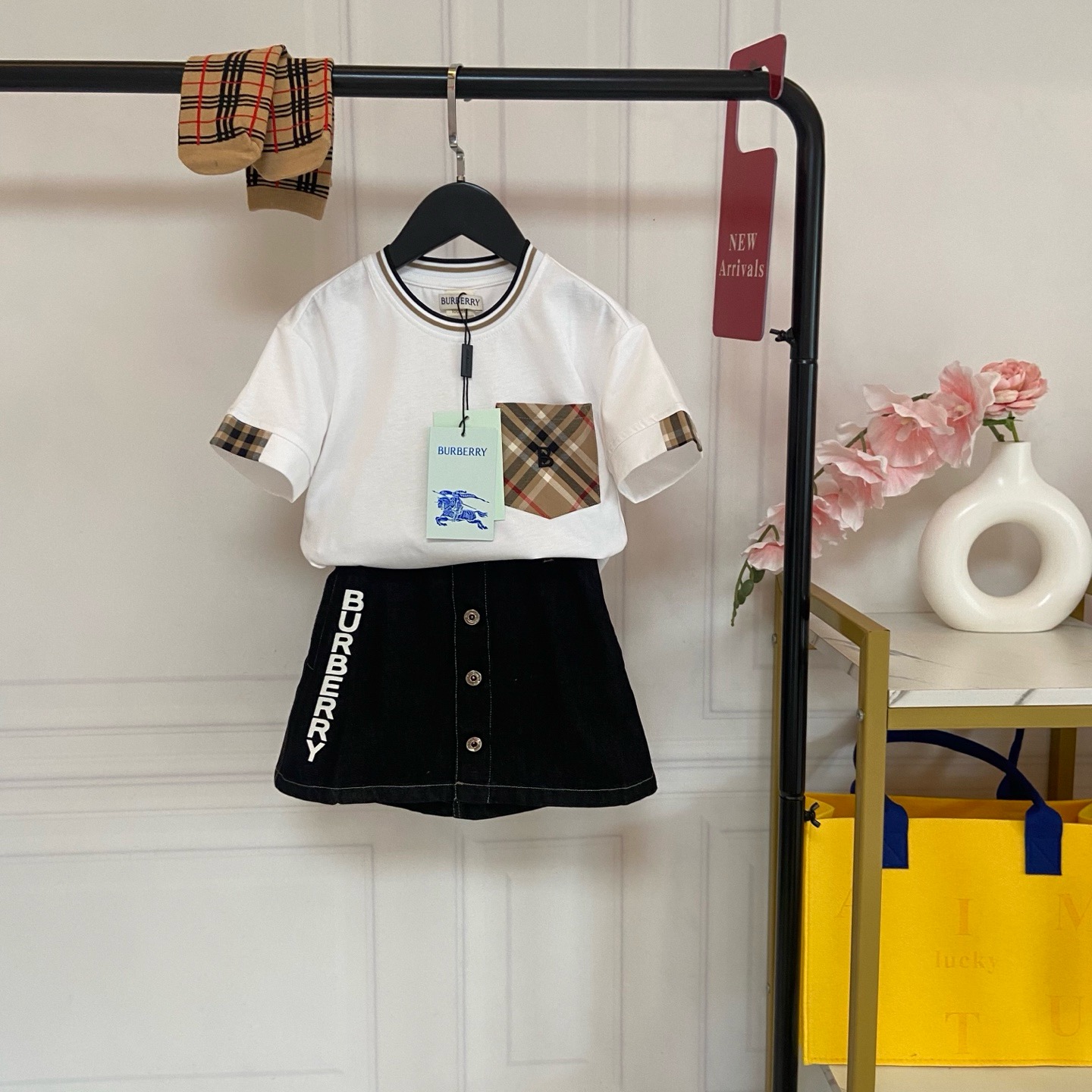 Burberry Girls Vintage Check Patch Pocket Short Sleeve T-Shirt & Letter Print Denim Skirt Matching Set With Check Socks Kids Sizes 100-170