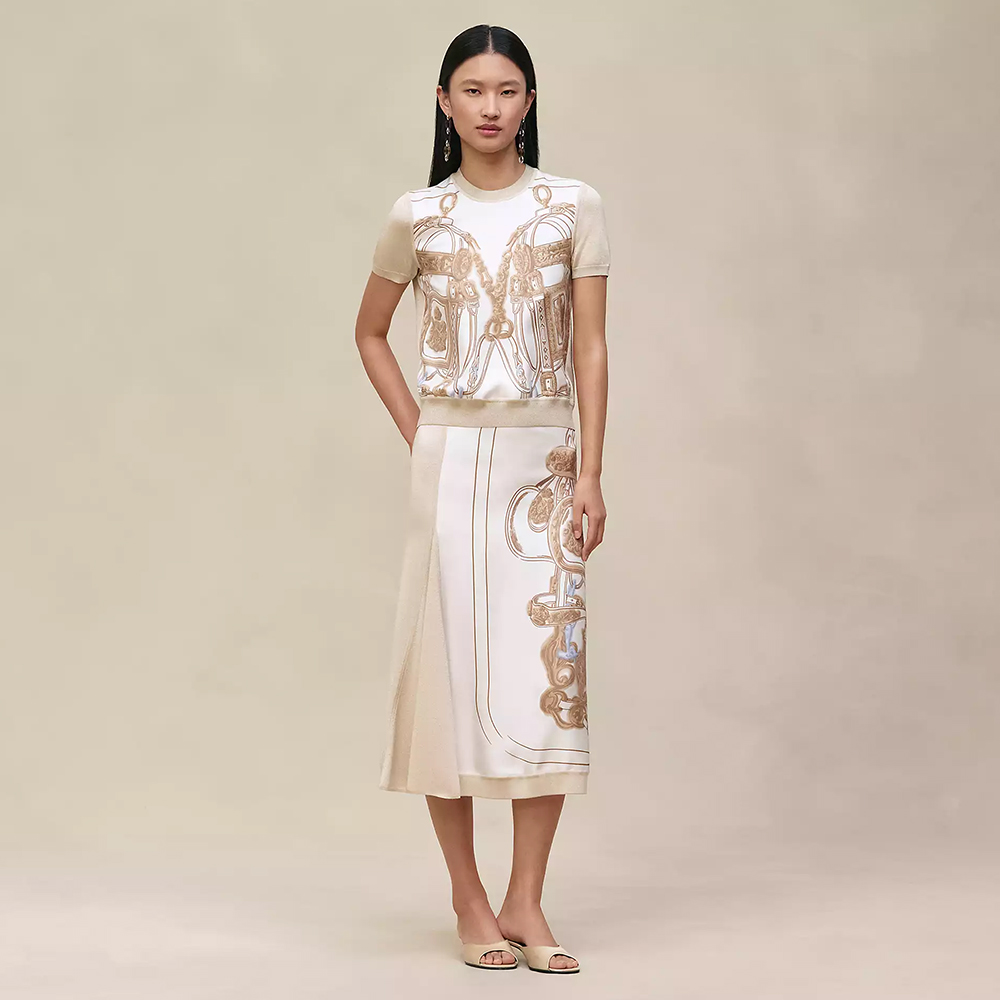 Designer gold Clothing Hermès Brides De Gala Gold Short-sleeve Sweater and Long Skirt With Slit #378279 | Nigo Office