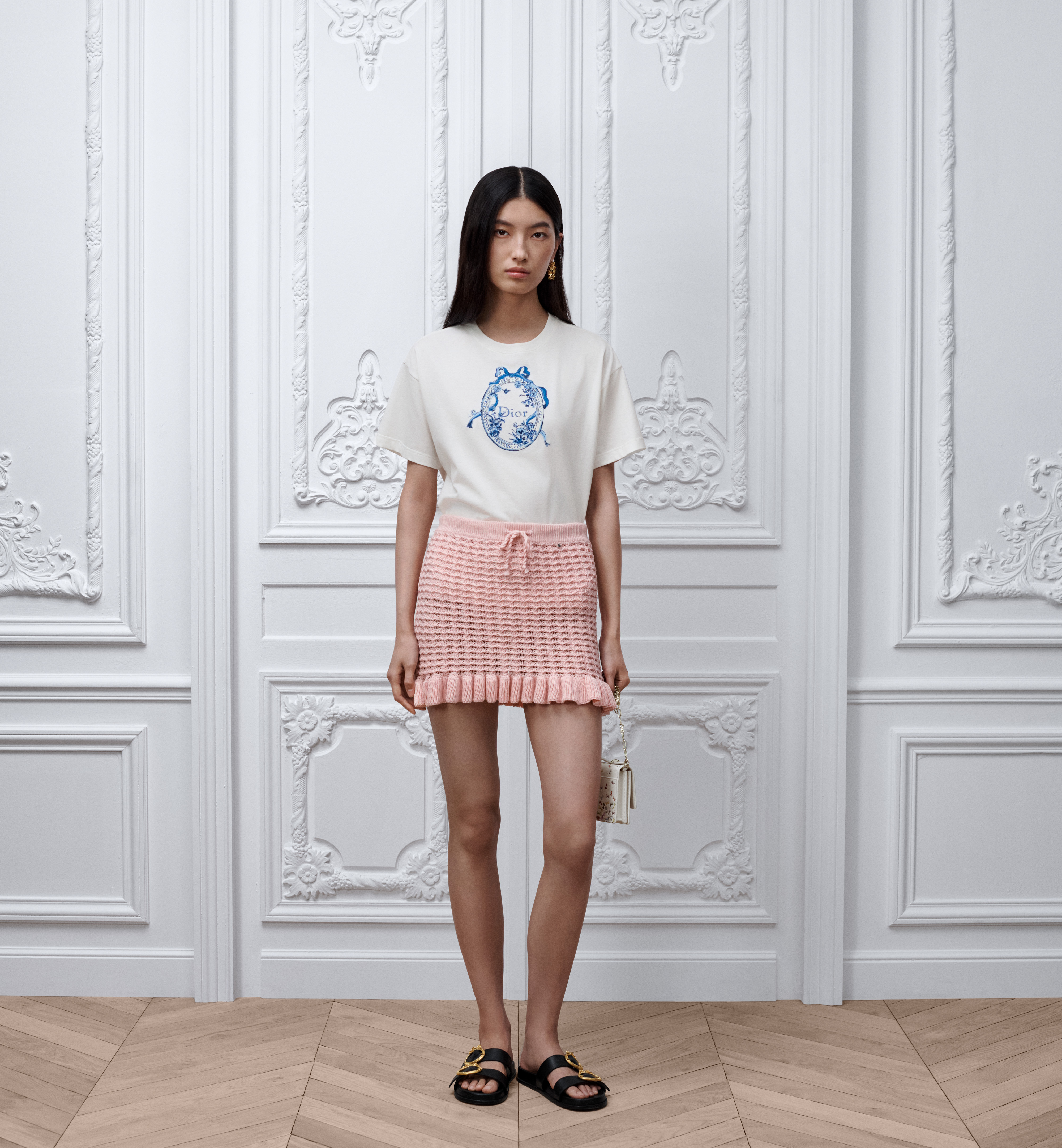 DIOR Dioriviera Oversized T-Shirt White Cotton Jersey with Blue Toile de Jouy Floral Garden Motif #387298