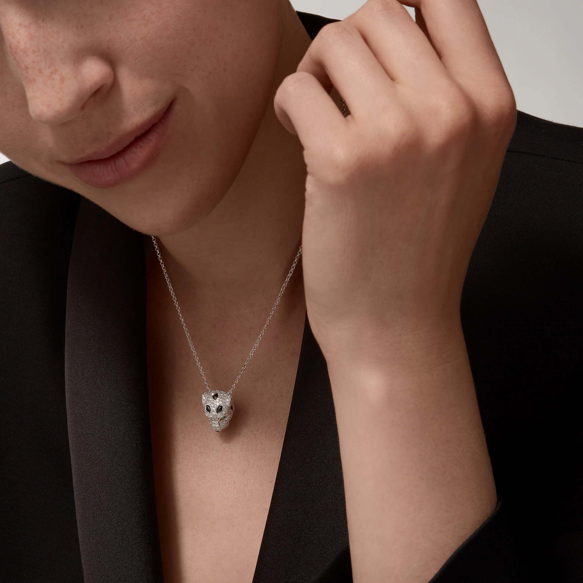 Carty Panther Motif Necklace, White Gold, Paved Moissanite