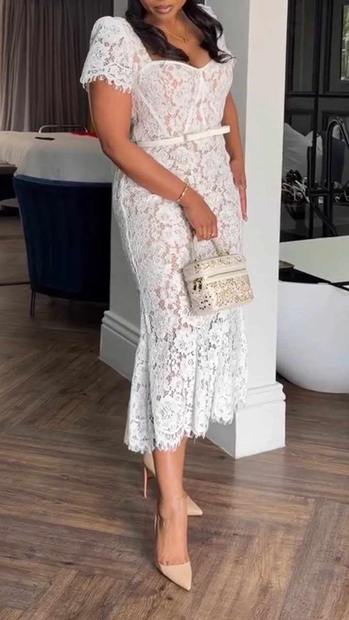 Women Square Collar Lace Printed Elegant Casual Dress