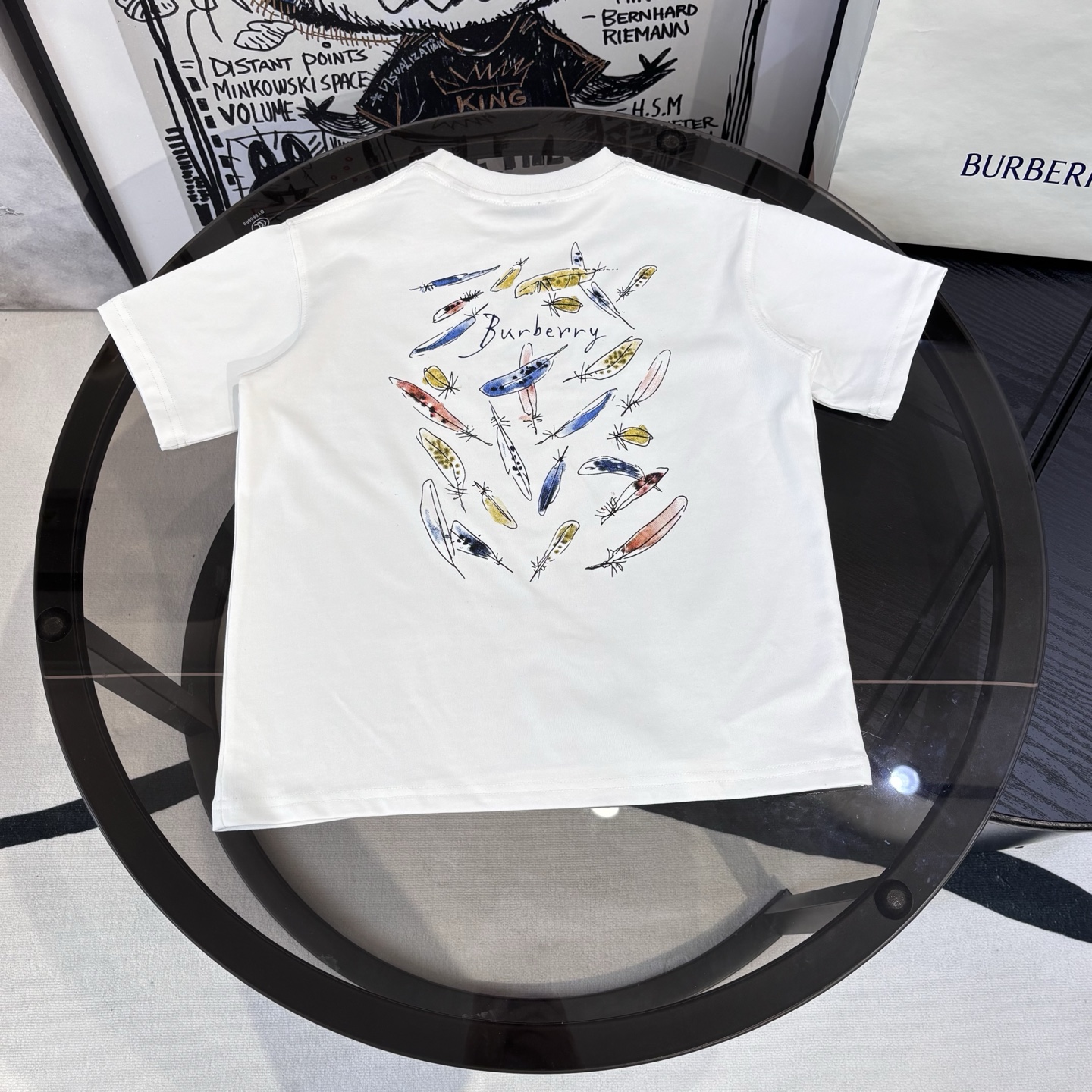 Burberry Unisex Kids Quentin Blake Feather Print White Short Sleeve Cotton T-Shirt Boys Girls Minimal Summer Tee Sizes 100-160