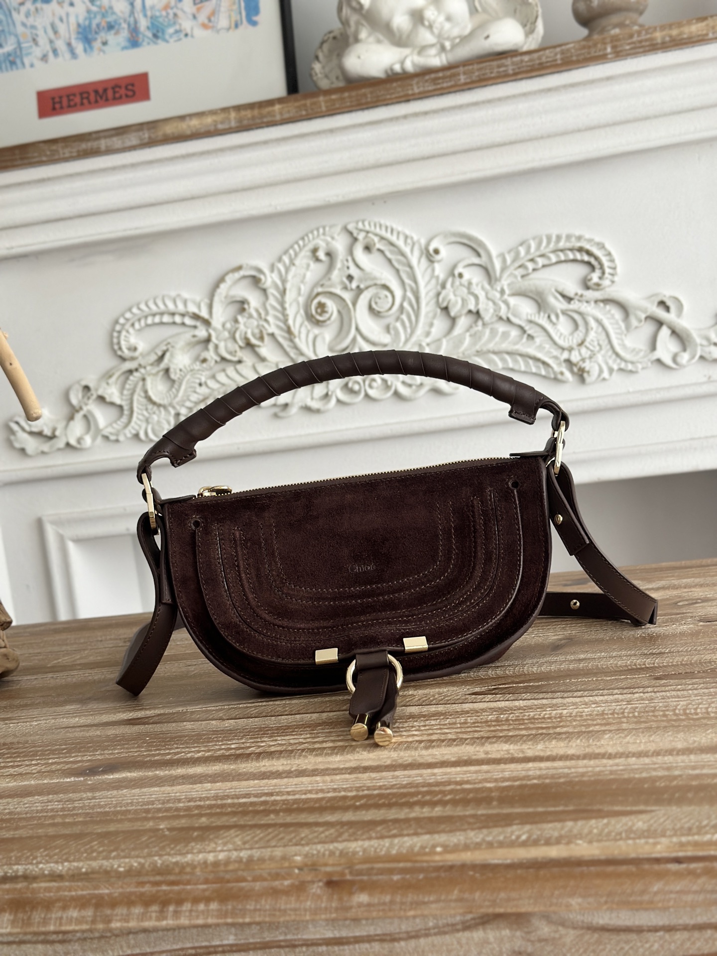 [TOP] Chloe Marcie Bag Suede Leather 25*15*7cm - Chocolate - 711 Luxury