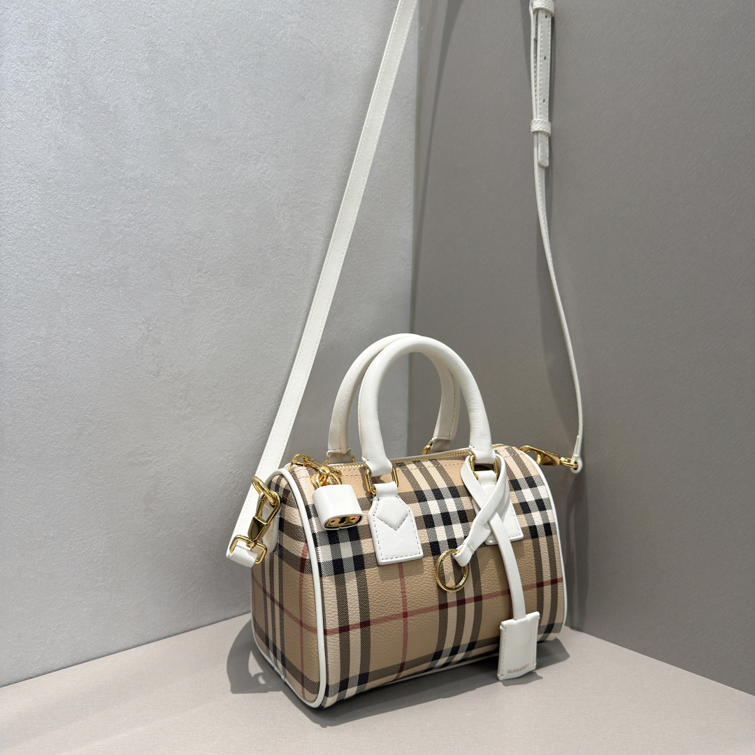 [TOP] BURBERRY Mini Plaid Boston Bag 18.5x11x12cm - Khaki and White - 711 Luxury