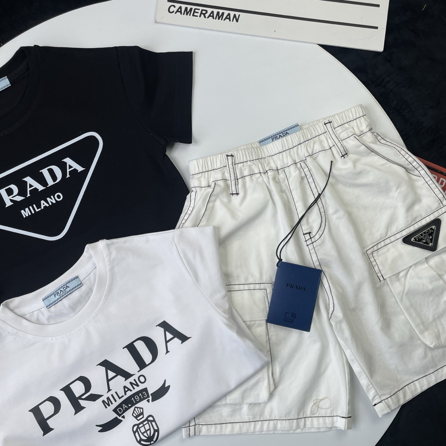 Prada Unisex Kids Black White Triangle Logo Short Sleeve T-Shirt & White Cargo Denim Shorts Set Boys Girls Sizes 90-150