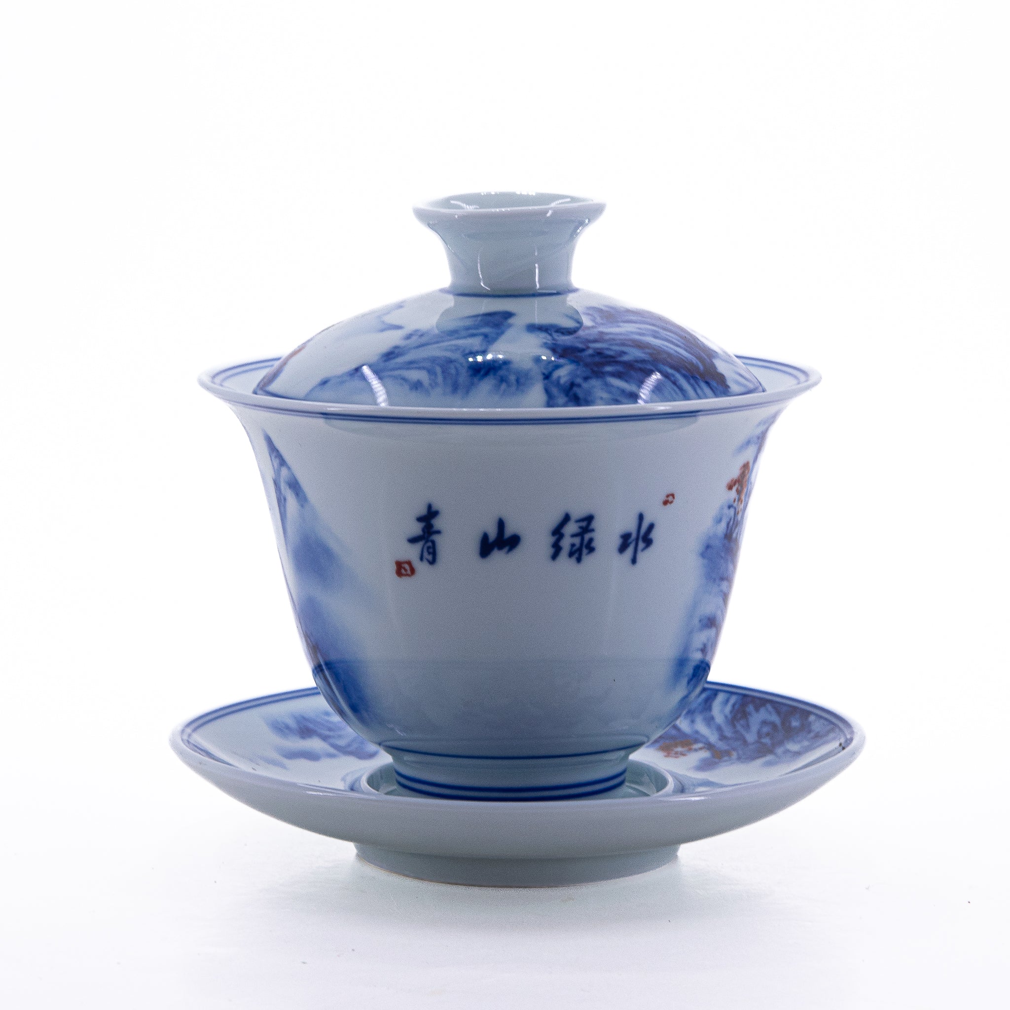 Blue and White Underglaze Red Porcelain Landscape Design Gaiwan #1a