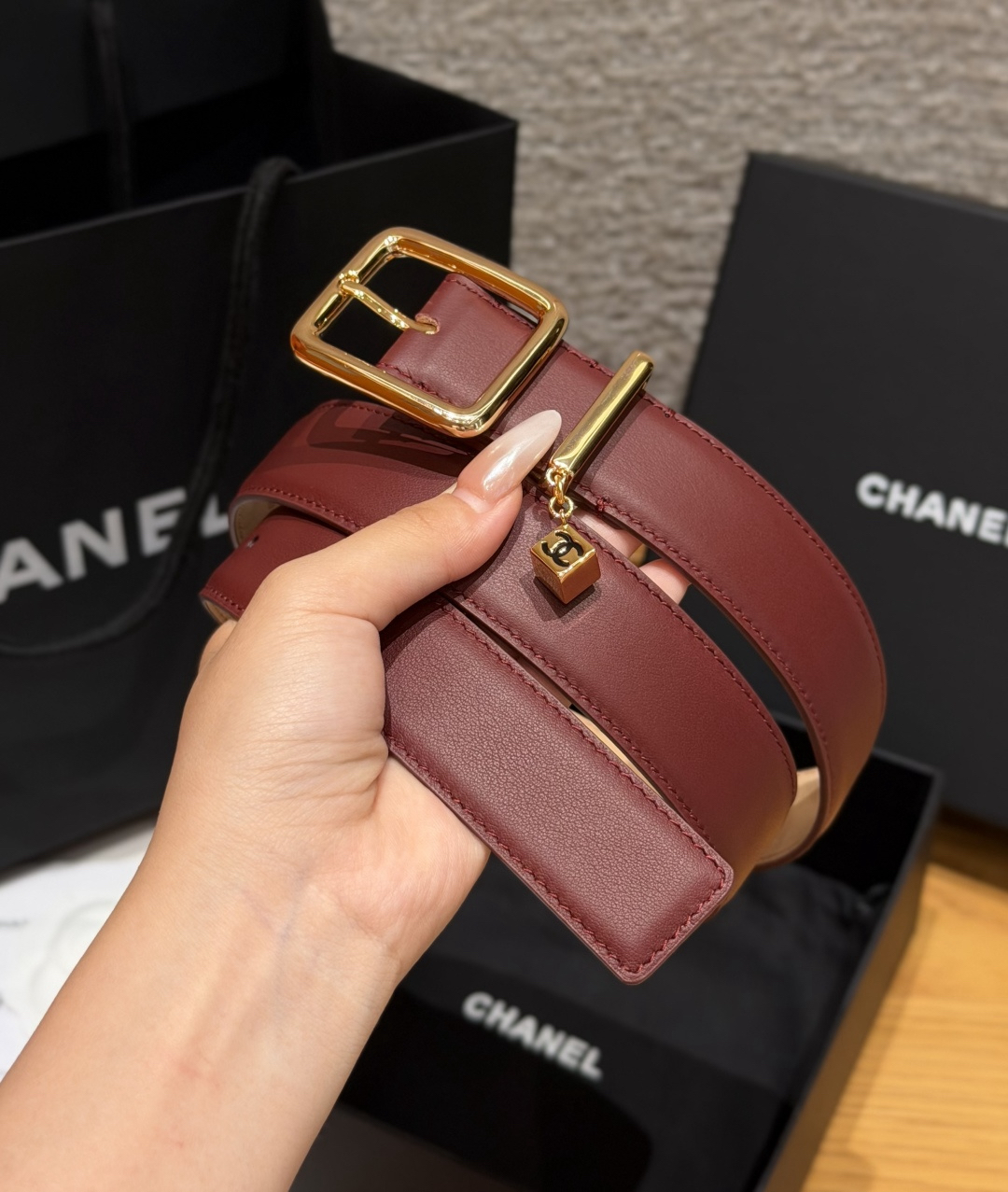 [TOP] CHANEL Cowhide Belt 3 cm - Dark Red - 711 Luxury