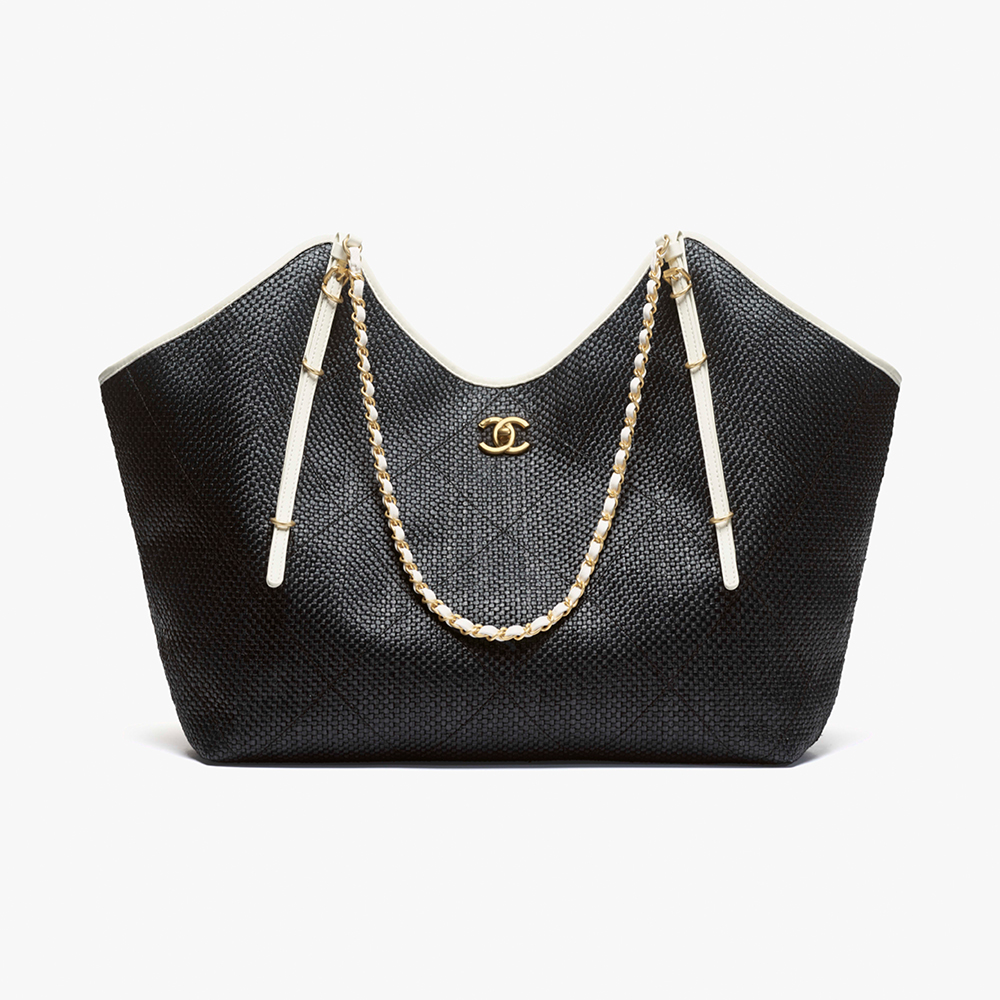 CHANEL Maxi Shopping Bag Braided Raffia Calfskin Gold-tone Metal Dark Beige Black #376633