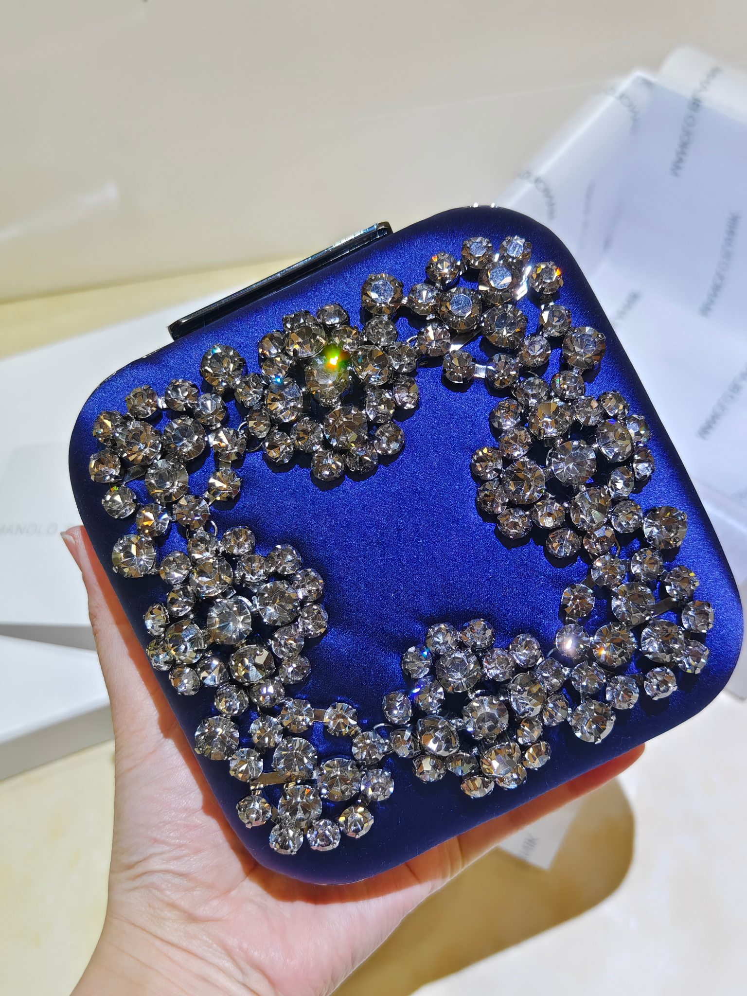 [TOP] MANOLO BLAHNIK Lace-patterned Square Bag 15.8*17*7.3cm - Blue - 711 Luxury