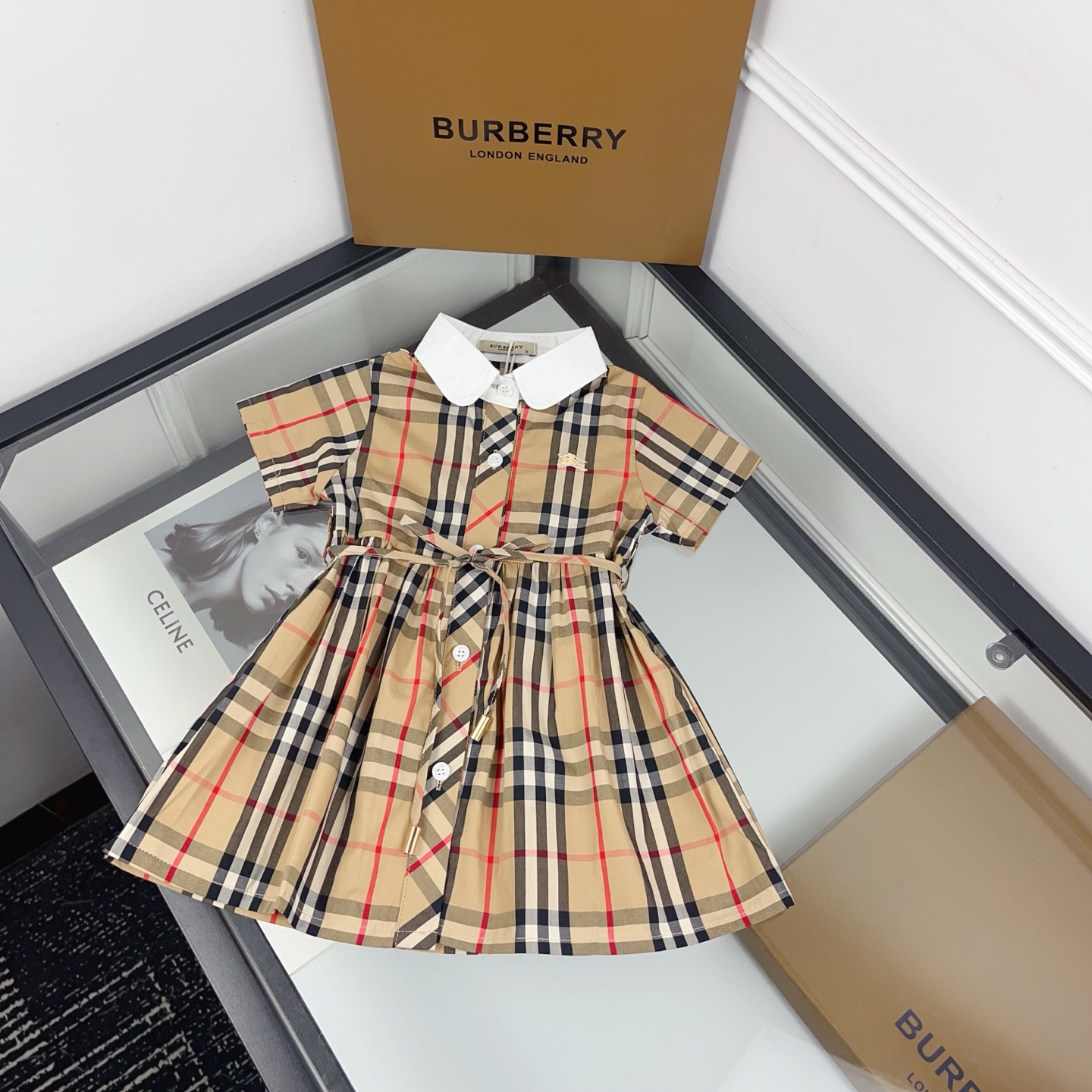 Burberry Baby Girls Vintage Check White Collar Tie Waist Short Sleeve Cotton Shirt Dress Kids British Elegant Sundress Sizes 90-130