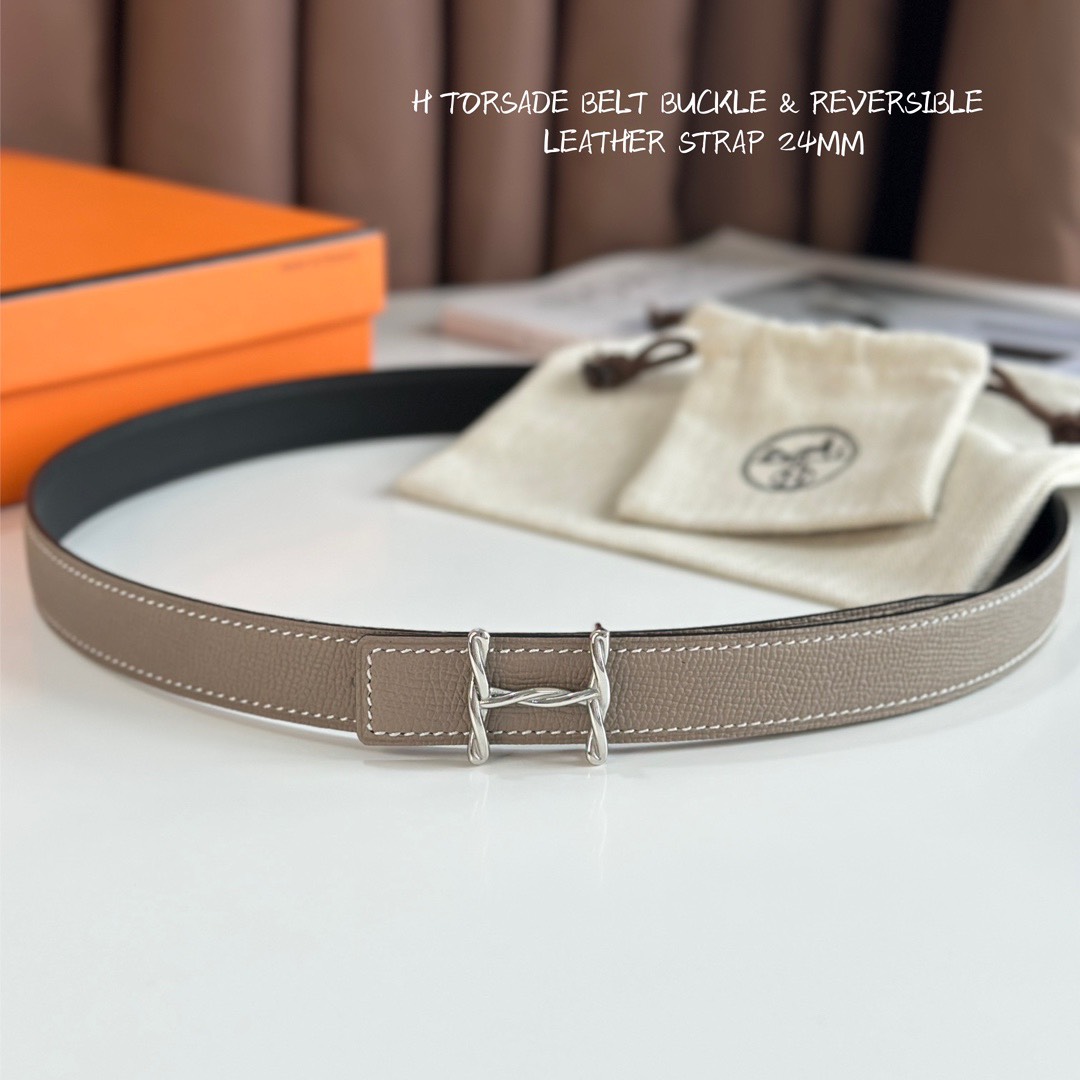 [TOP] HERMES Torsade Calfskin Belt 24mm - Black and Gray - 711 Luxury