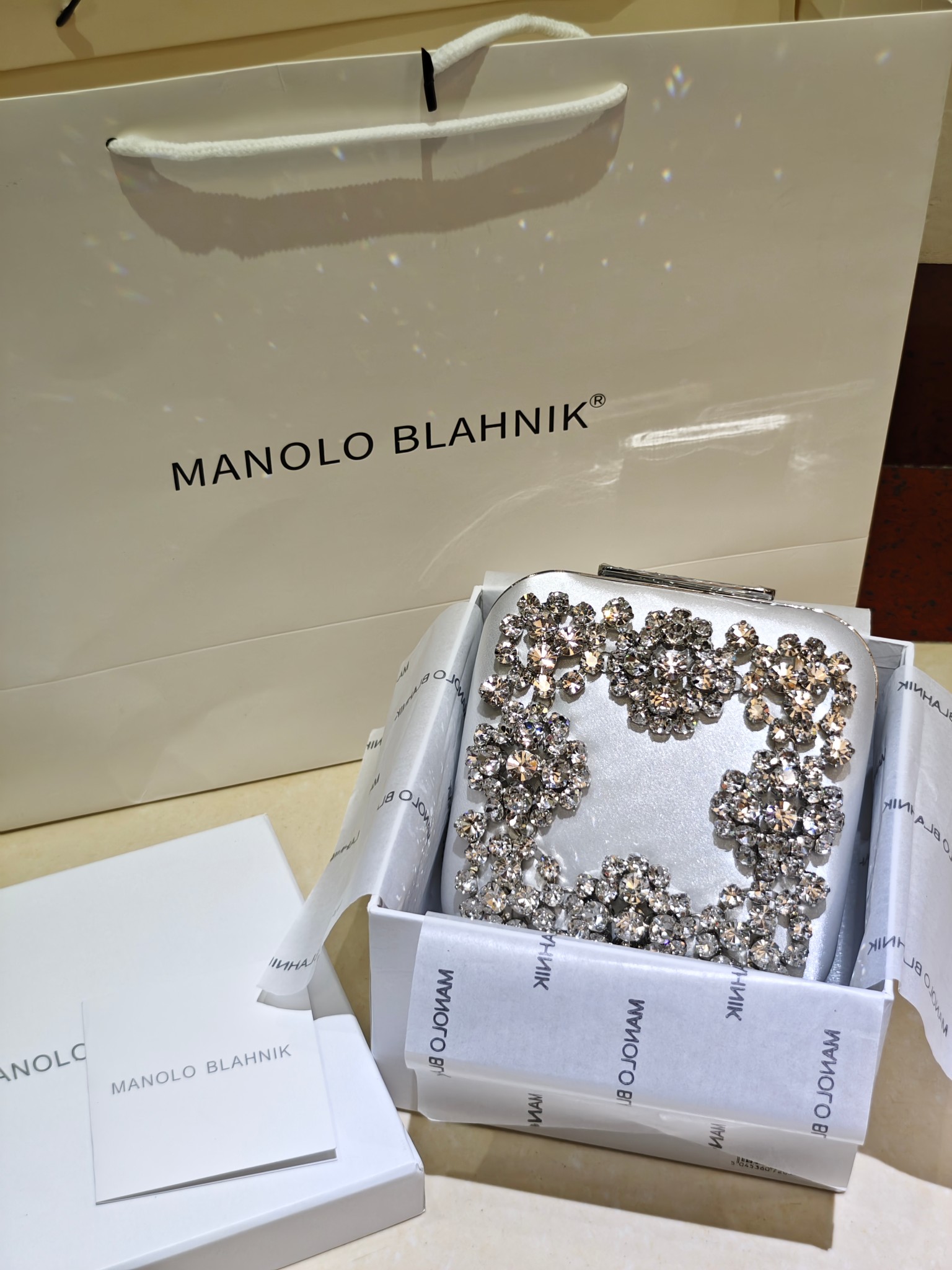 [TOP] MANOLO BLAHNIK Lace-patterned Square Bag 15.8*17*7.3cm - Sliver - 711 Luxury