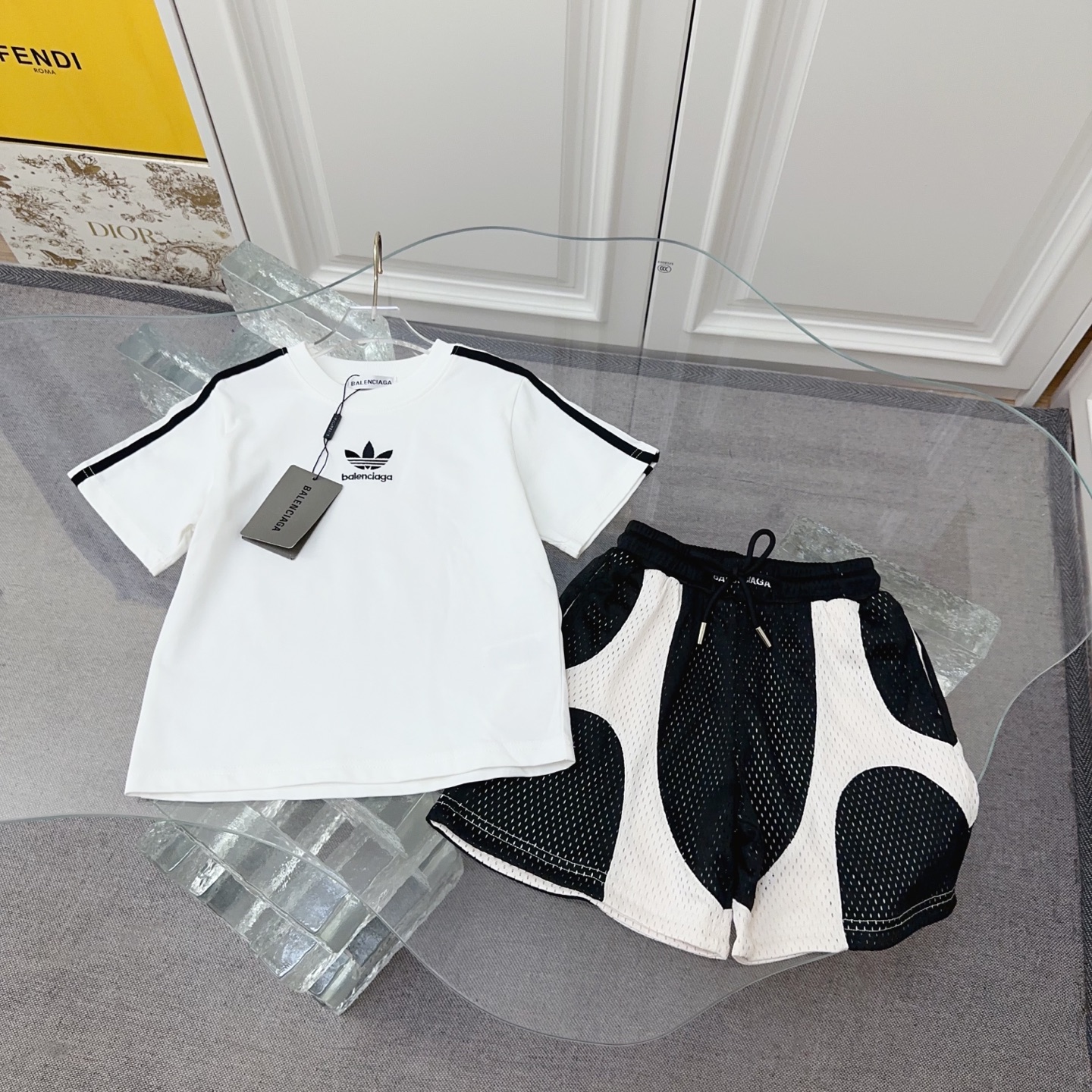 Balenciaga X Adidas Unisex Kids 3 Stripes Embroidered Short Sleeve T-Shirt & Mesh Shorts 2 Piece Tracksuit Boys Girls Sizes 100-160