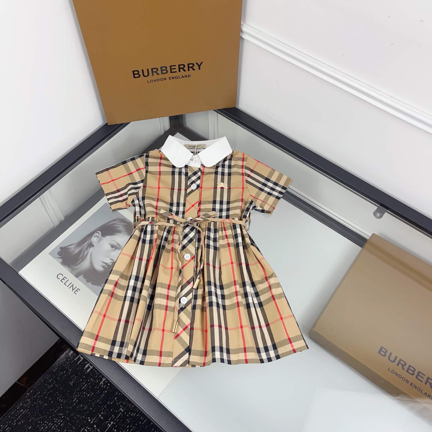 Burberry Baby Girls Vintage Check White Collar Tie Waist Short Sleeve Cotton Shirt Dress Kids British Elegant Sundress Sizes 90-130