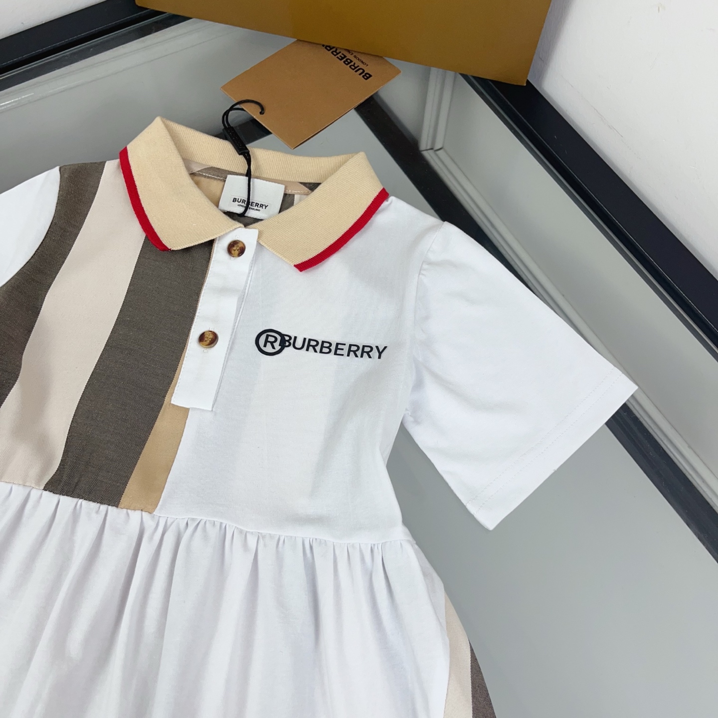 Burberry Girls Icon Stripe Color Block Short Sleeve Polo Dress Kids Sizes 90-130 White Beige