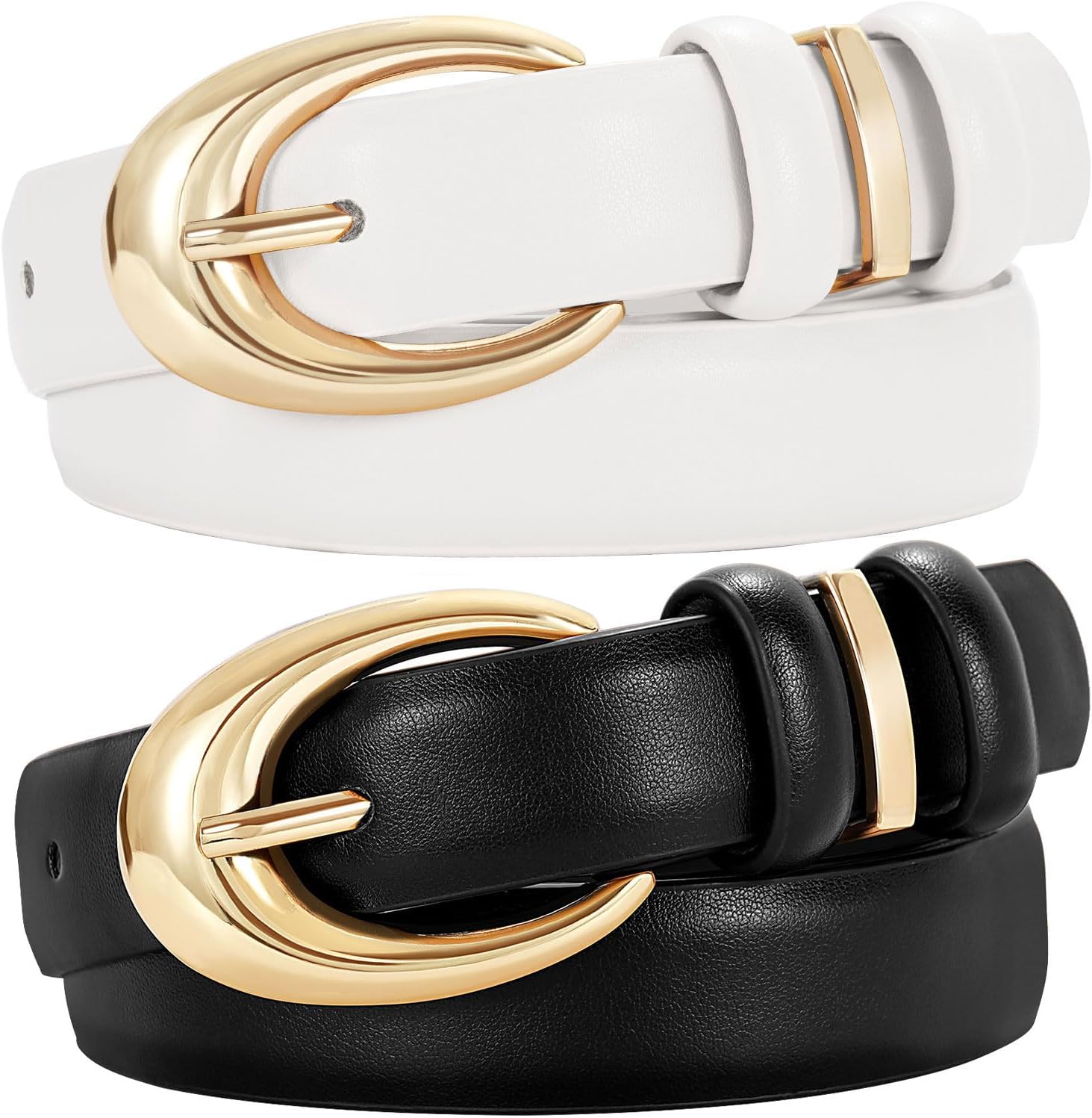 TRIWORKS 2 Pack Women Leather Belt for Jeans Pants Fashion Ladies Skinny Faux Leather Belt with Gold Buckle