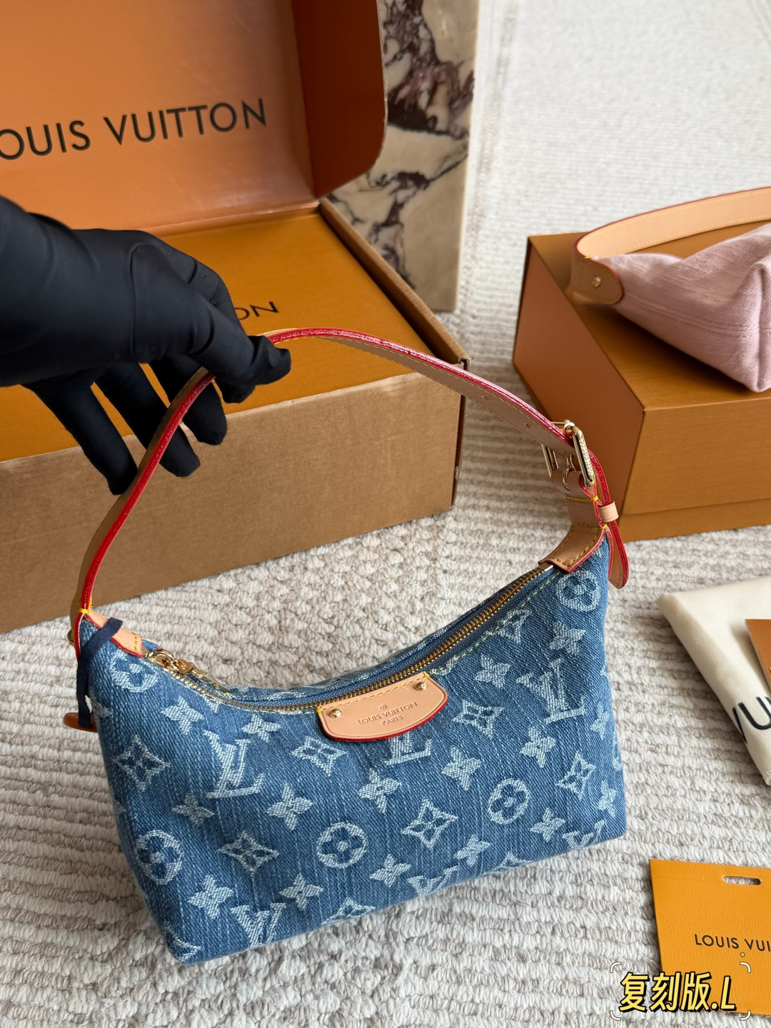 Louis Vuitton Denim Shoulder Bag with Leather Accents and Gold-Tone Hardware (Replica)