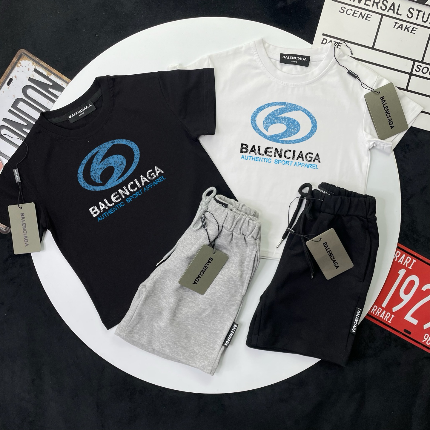Balenciaga Unisex Kids Black White Blue Circle 6 Sport Logo Short Sleeve T-Shirt & 2 Options Heather Gray Black Drawstring Sweat Shorts 2 Piece Set Boys Girls Sizes 90-150