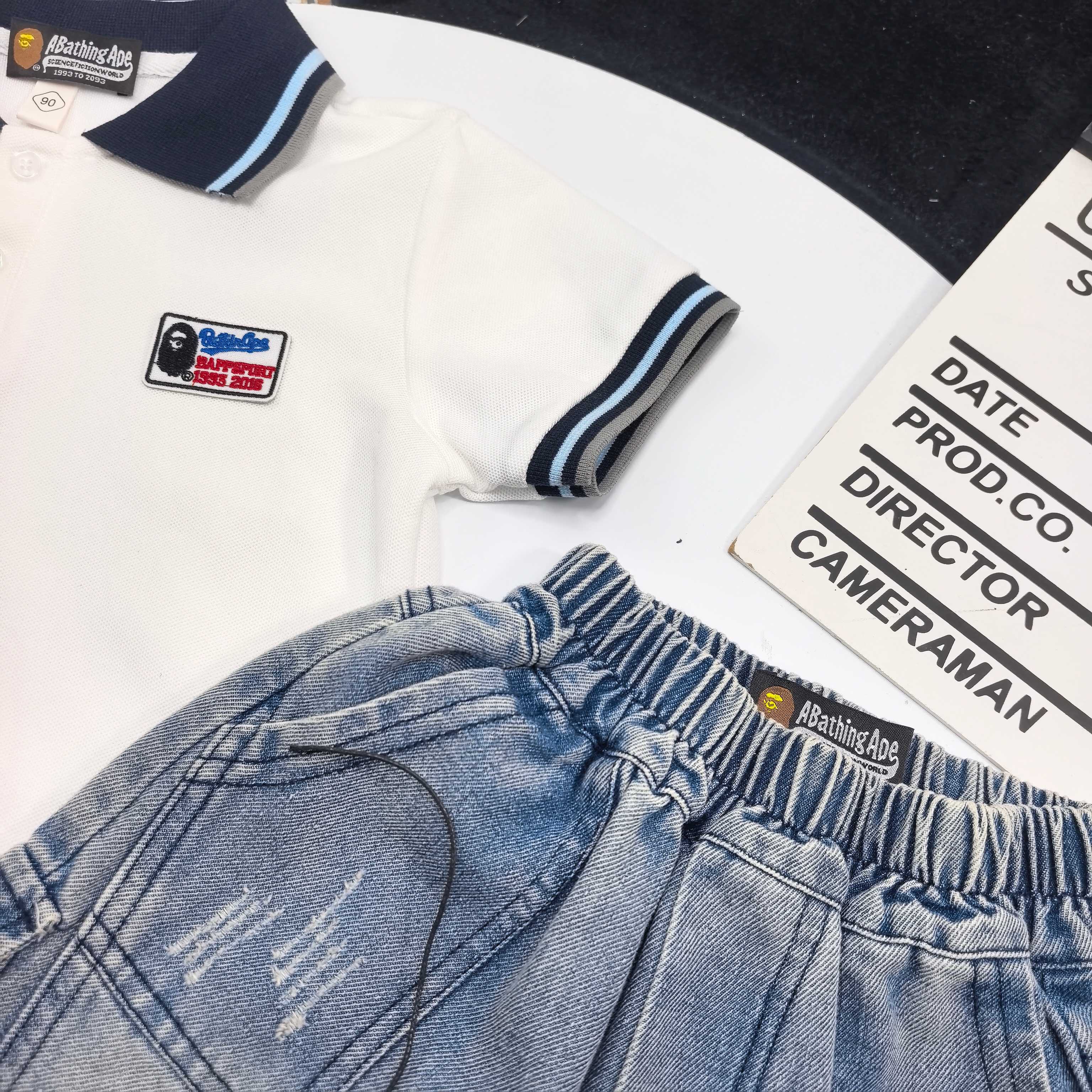 Bape Unisex Kids White Navy Striped Collar Polo Shirt & Washed Denim Cargo Shorts Set Boys Girls Sizes 90-160