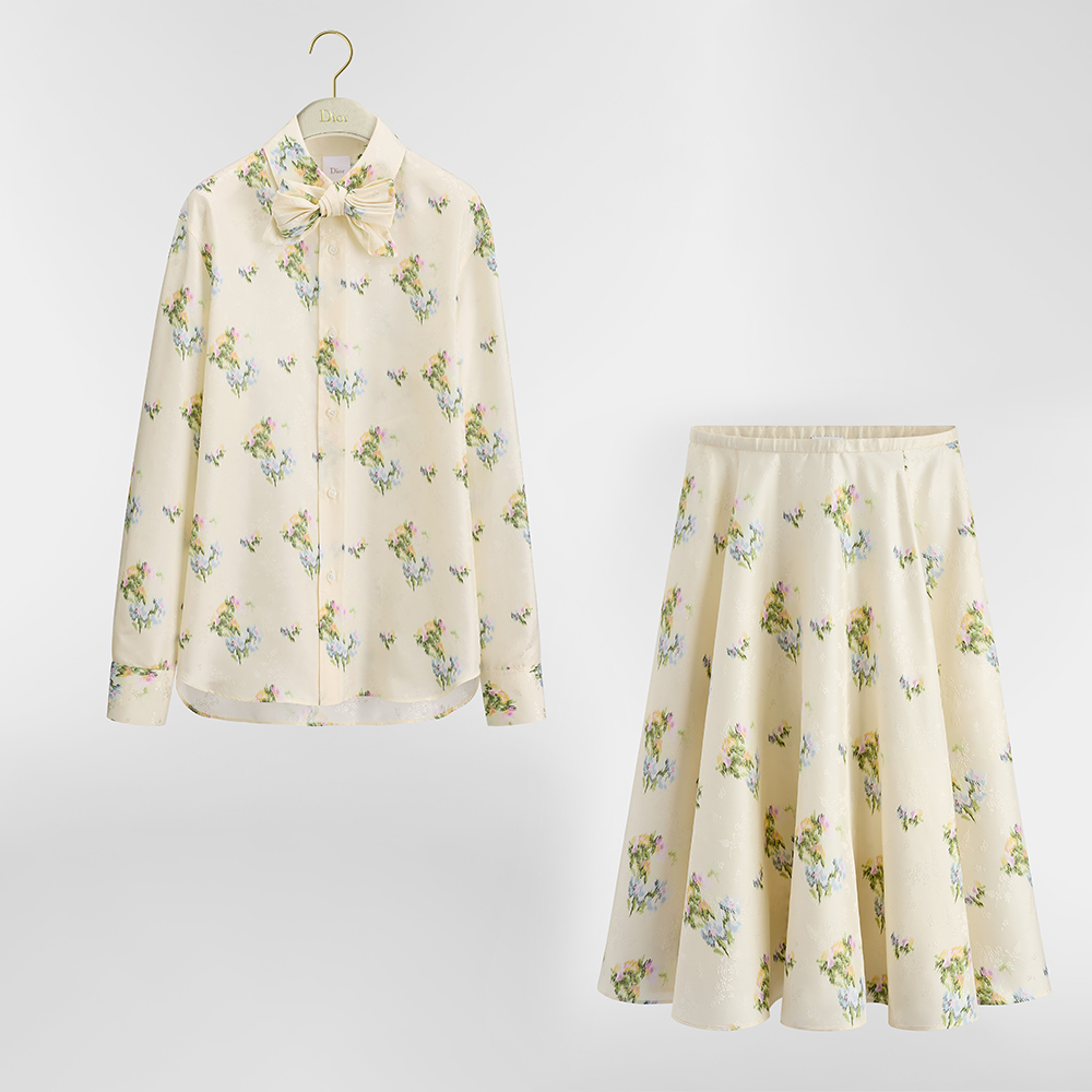 DIOR Mid-Length Flared Skirt Blouse with Removablel Bow Tie Ecru Multicolor Dior Secret Garden Silk Twil#380347