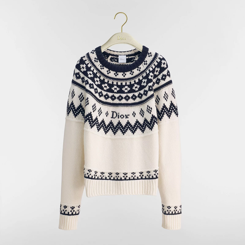 Dior blue Clothing DIOR DiorAlps Sweater Ecru Wool and Cashmere Knit with Navy Blue Fair Isle Motif #377490 | Nigo Office