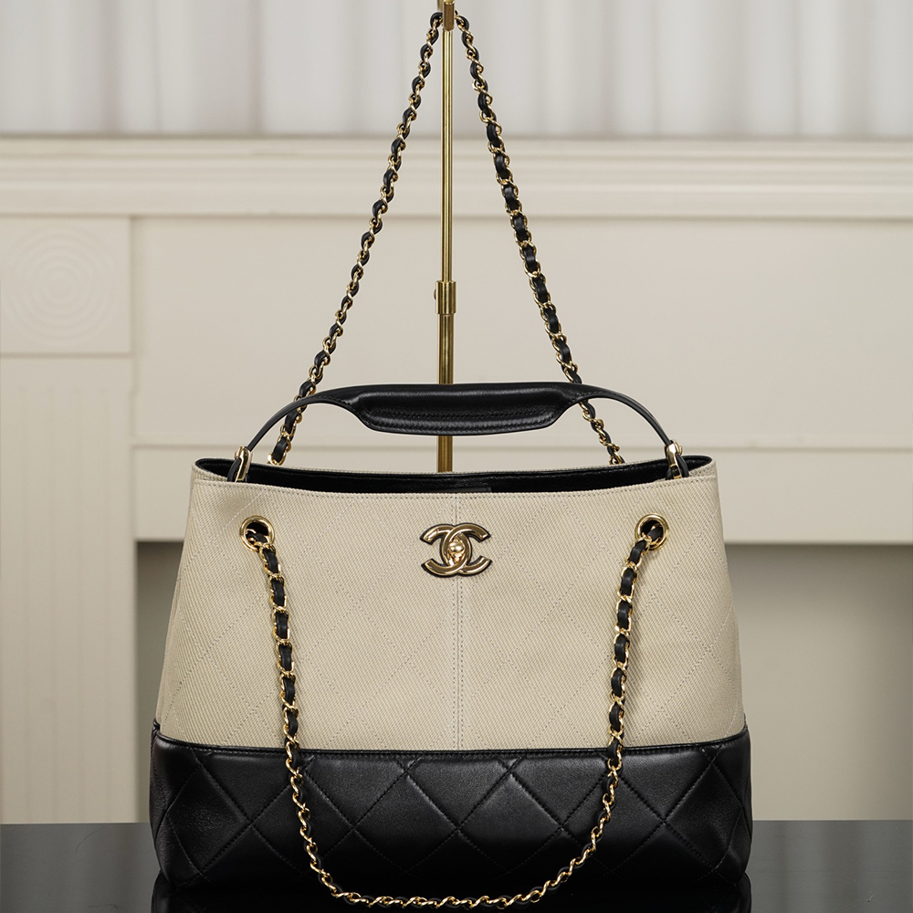 Chanel black Bag Chanel Beige Black Canvas Shopping Bag #395998 | Nigo Office