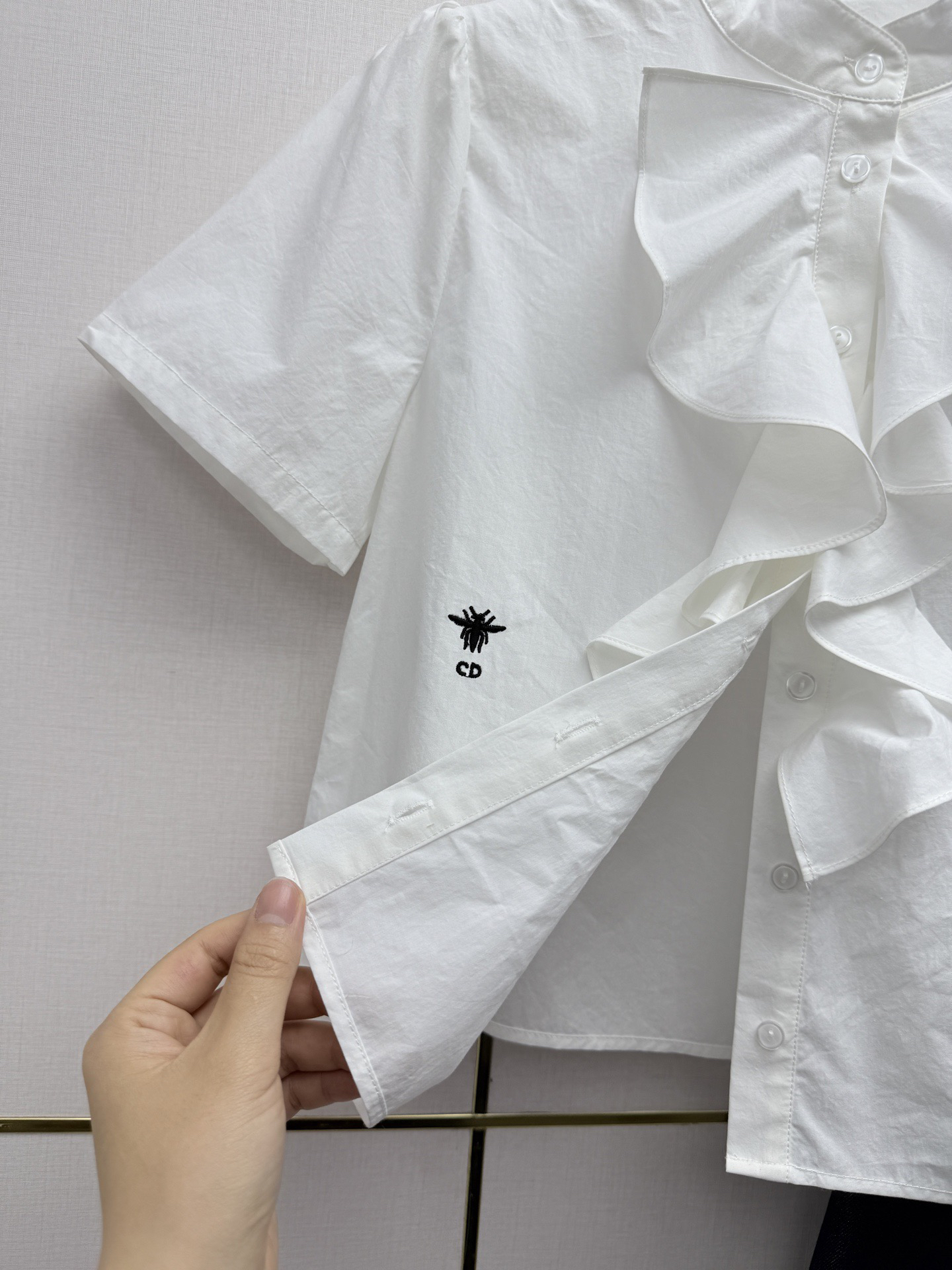 [TOP] Christian Dior Stand Collar Ruffled Short-Sleeve Shirt + Denim Skirt with Belt - White/Blue