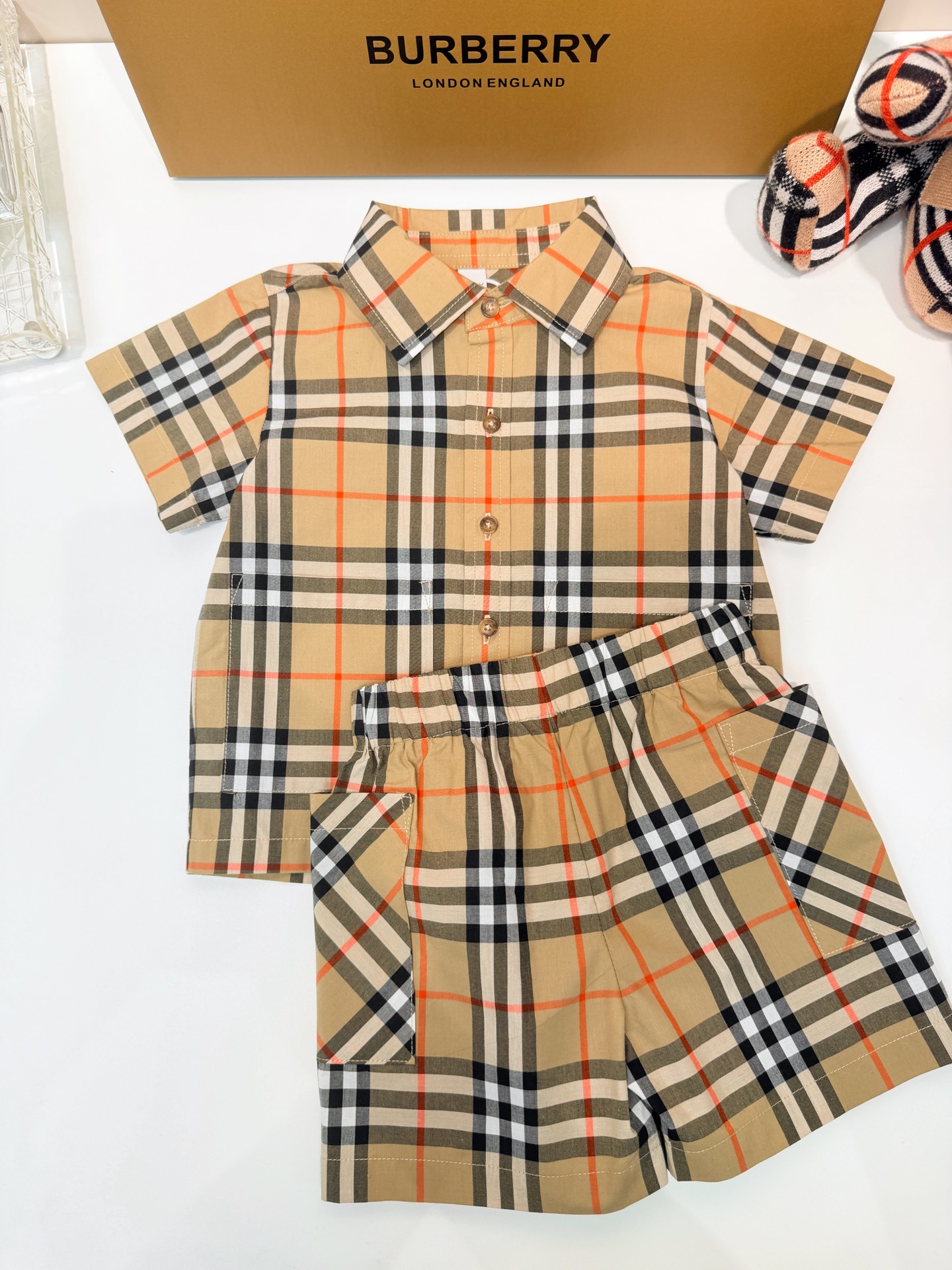 Burberry Unisex Kids Full Vintage Check Short Sleeve Pocket Shirt & Matching Shorts Two Piece Cotton Set Infant Boys Girls British Gentleman Outfit Sizes 80-120