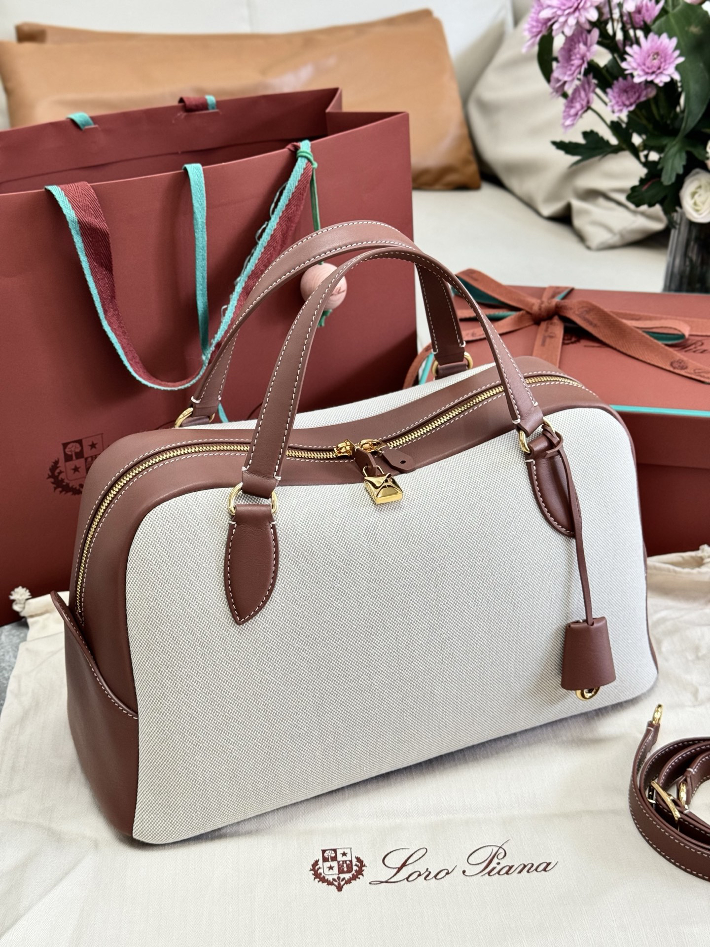 [TOP] Loro Piana Needle Bag Canvas 38x22x16cm - Beige and Brown - 711 Luxury