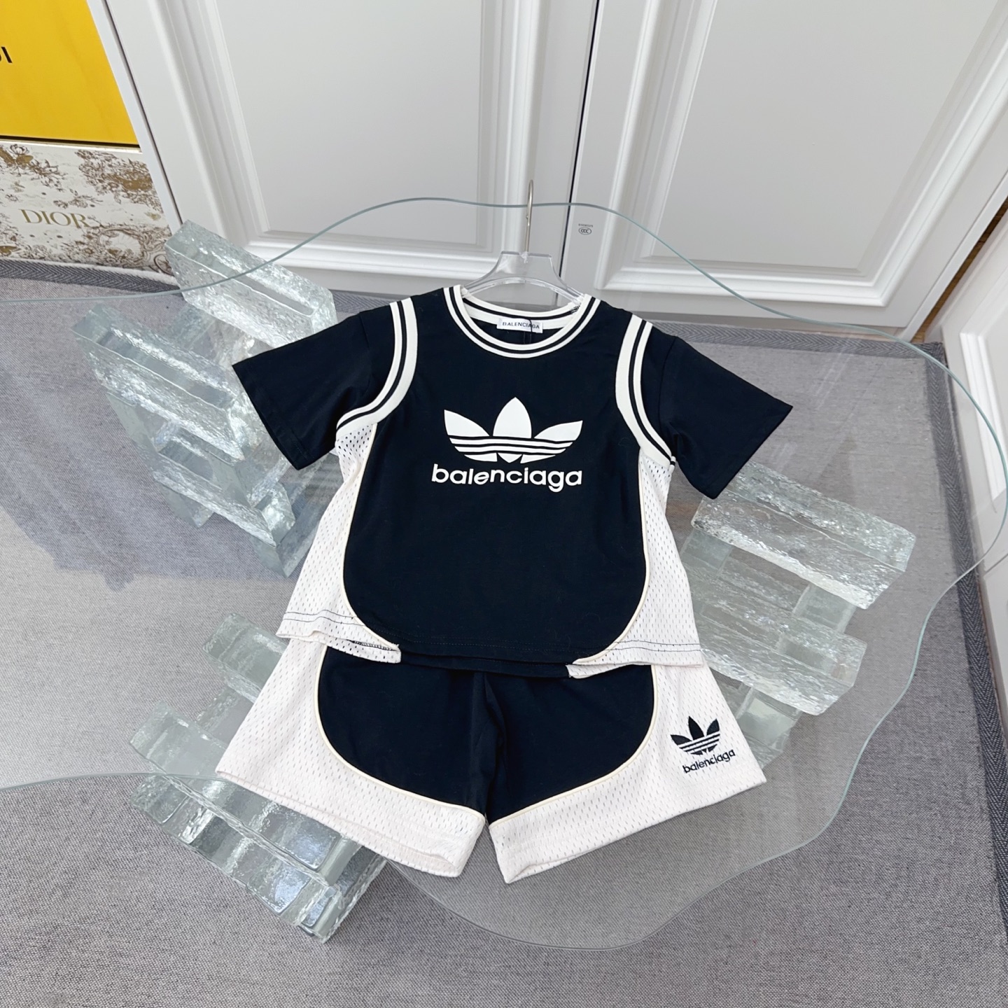 Balenciaga X Adidas Unisex Kids Color Block Mesh Splicing 3 Stripes 2 Piece Tracksuit Embroidered Logo Sport Set Boys Girls Sizes 100-160