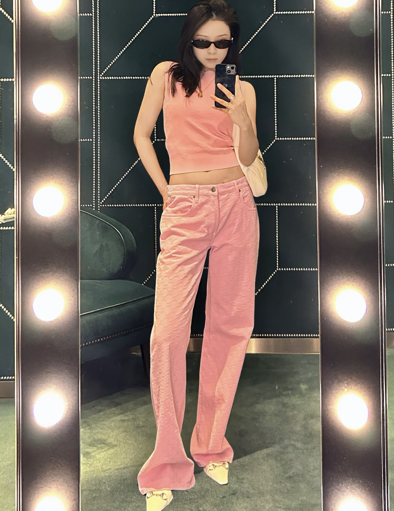 [TOP] GUCCI Jacquard Crew Neck Sleeveless Vest Top - Pink