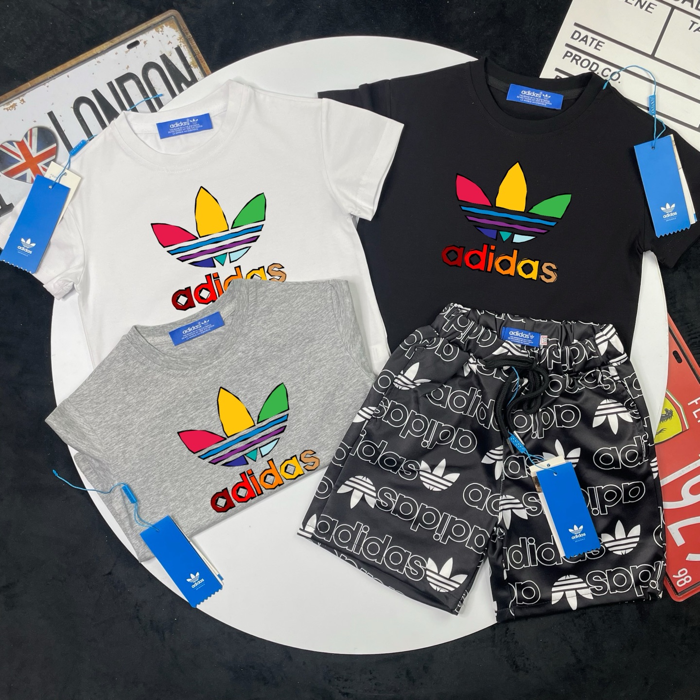 Adidas Unisex Kids Colorful Trefoil Short Sleeve T-Shirt & All Over Logo Print Shorts Set Boys Girls Sizes 90-150
