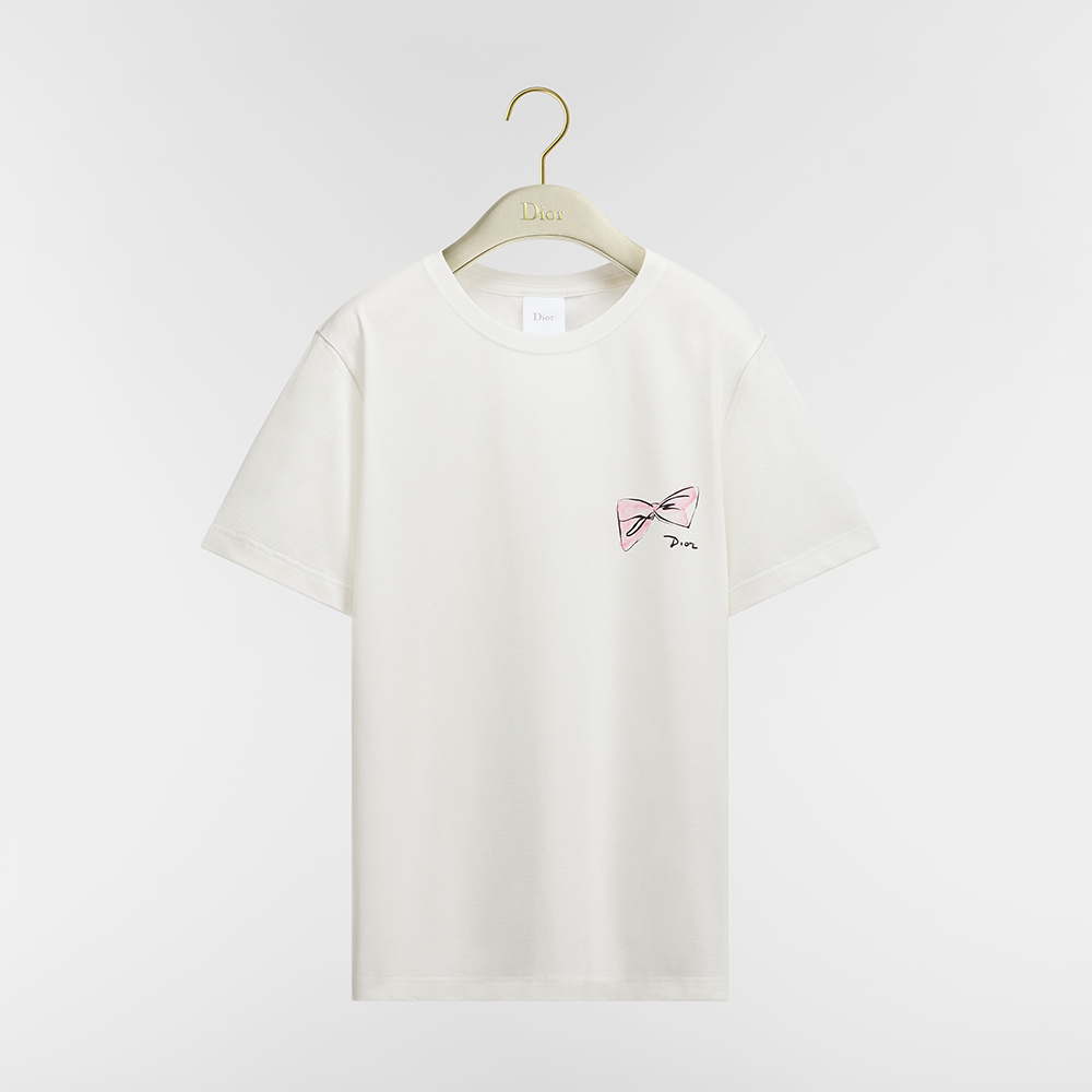 DIOR Fitted T-Shirt White Cotton Jersey with Pink Dior Bows Motif #389241