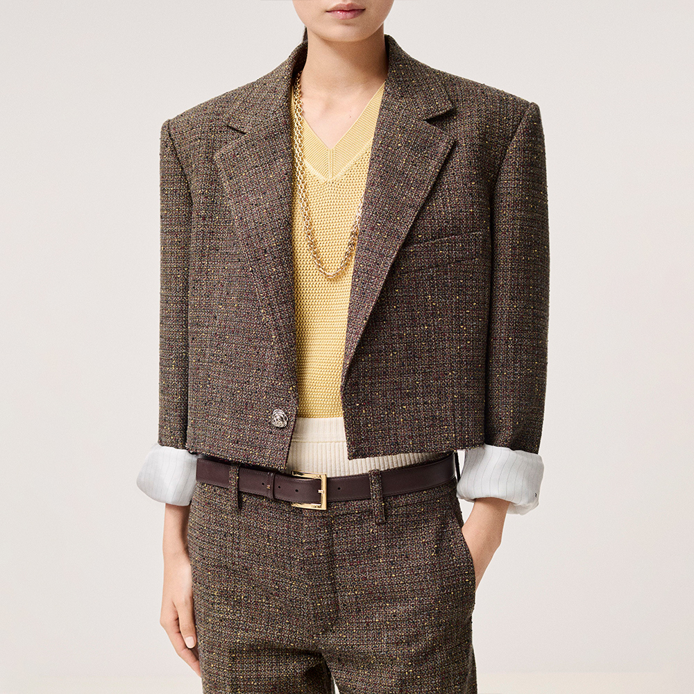 Chanel brown Clothing CHANEL Jacket Cotton Tweed Brown Burgundy Yellow #395565 | Nigo Office