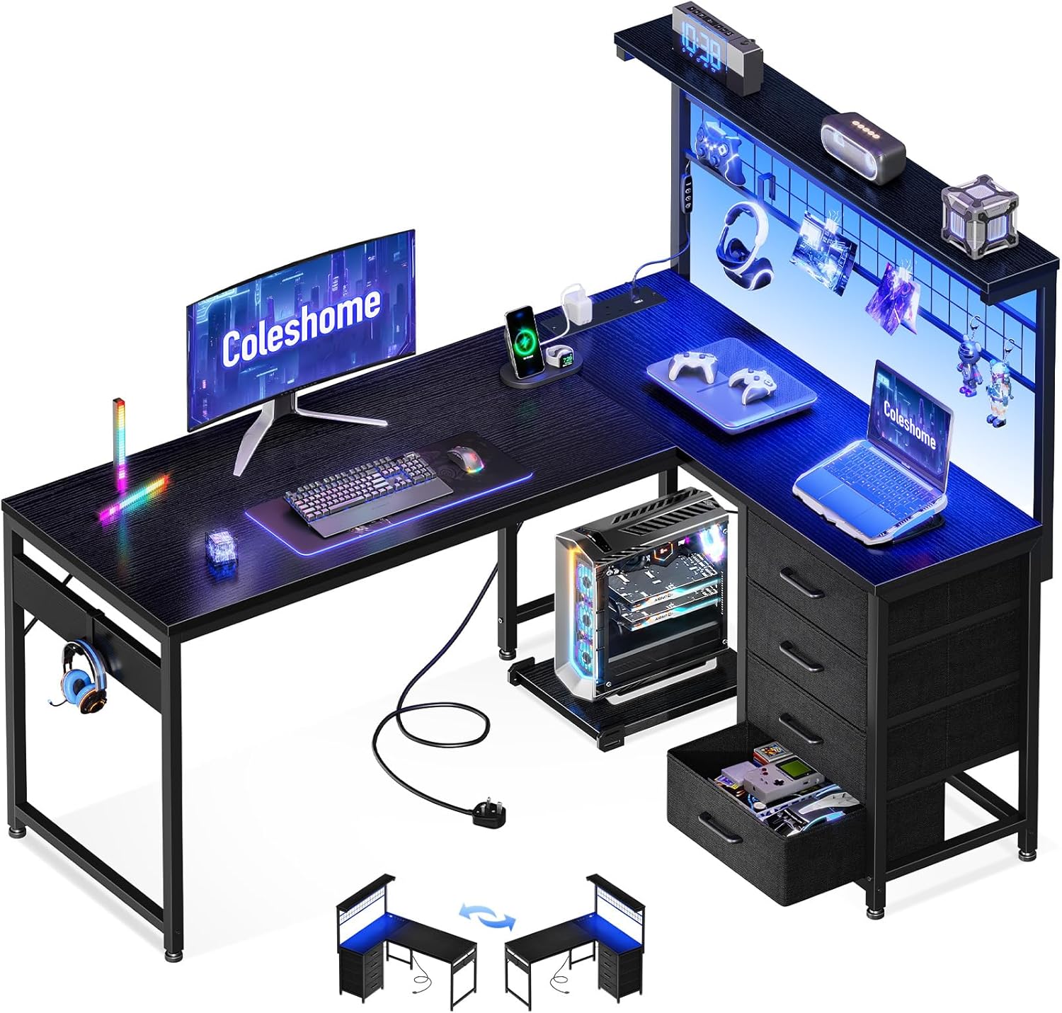Coleshome L Shaped Gaming Desk with Drawers & Shelf, 110 × 80 cm Reversible Corner Computer Desk with LED Lights & Power Outlets, Gaming Table with Hook, Carbon Fiber Black