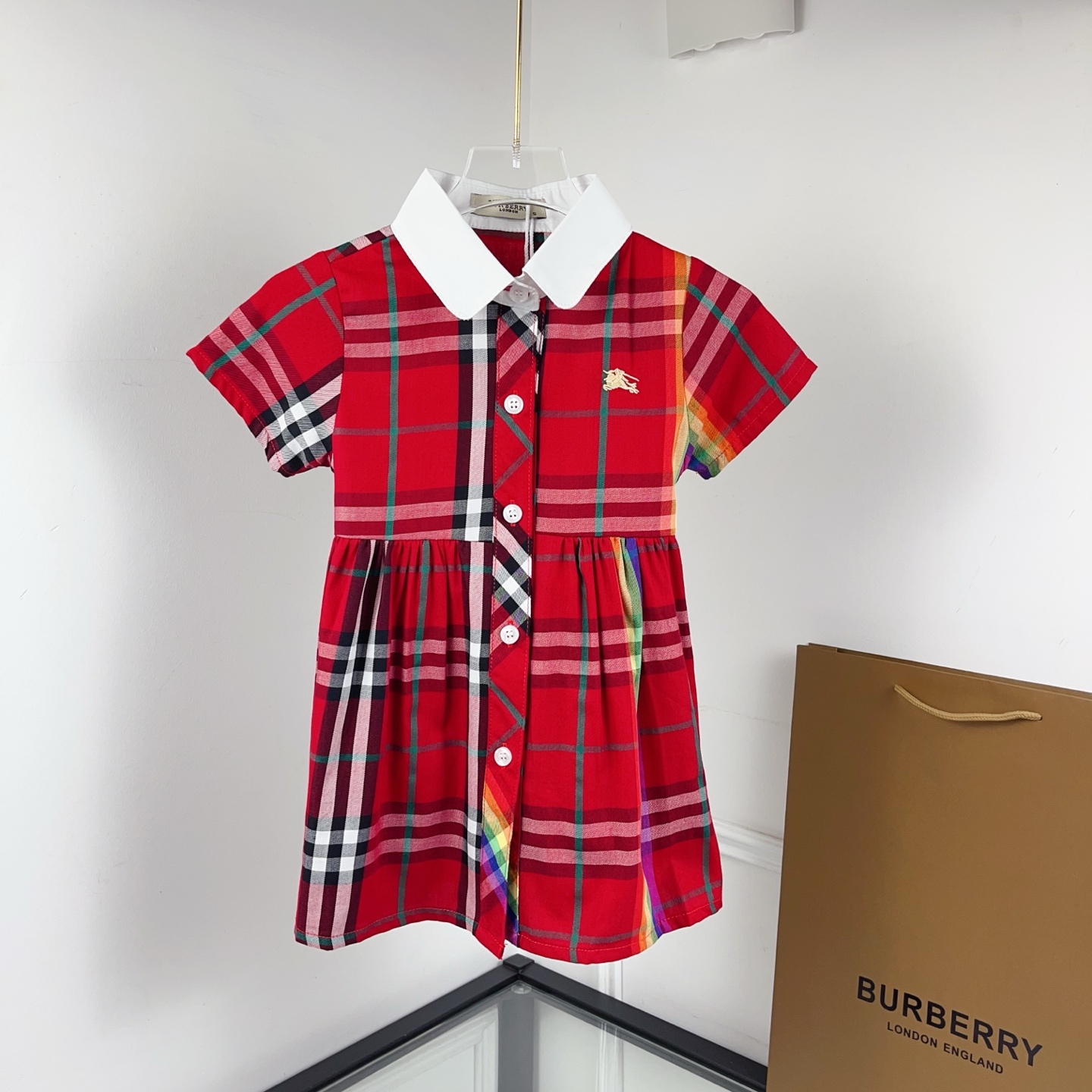 Burberry Girls Red Vintage Plaid Rainbow Stripe Short Sleeve Shirt Collar Gathered Waist Dress Kids Sizes 90-130