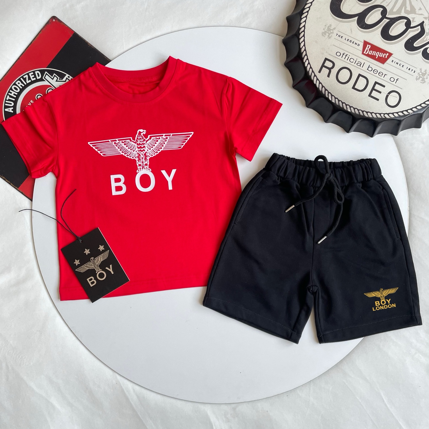Boy London Unisex Kids Red Eagle Logo Short Sleeve T-Shirt & Black Drawstring Casual Shorts Set Boys Girls Sizes 90-150