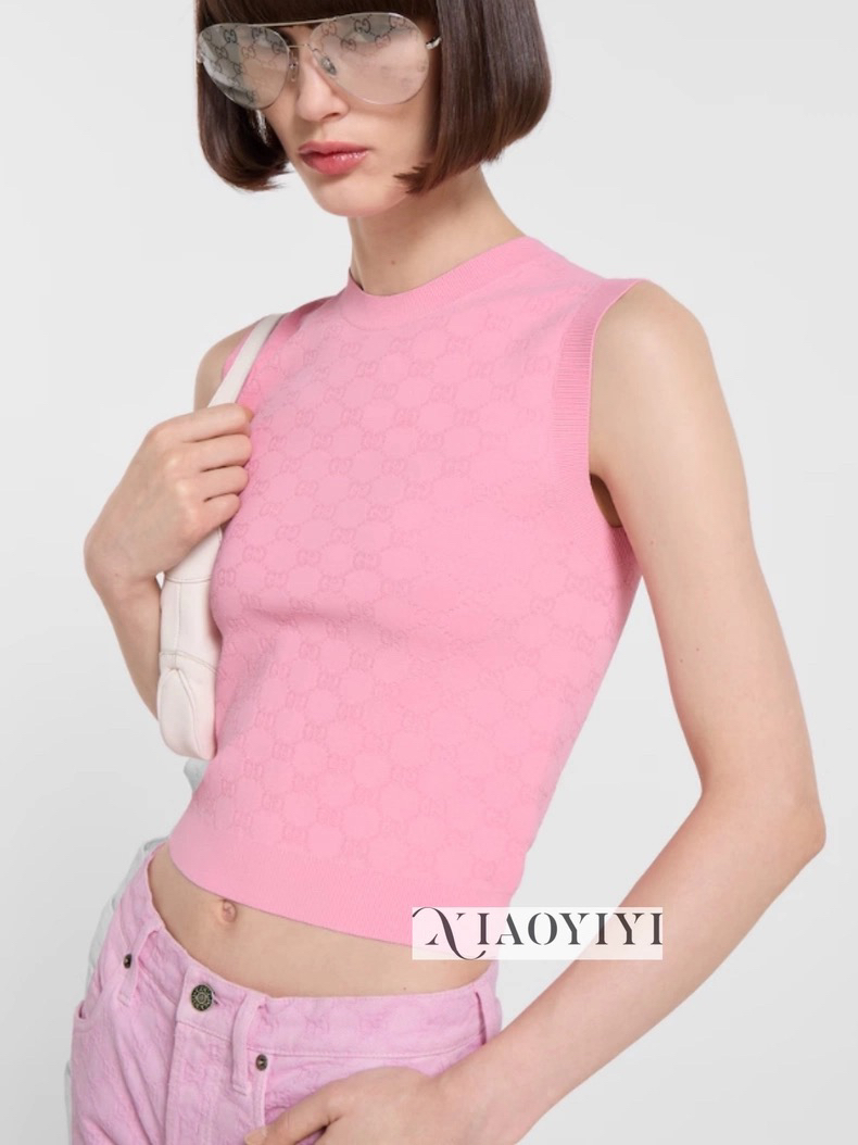 [TOP] GUCCI Jacquard Crew Neck Sleeveless Vest Top - Pink