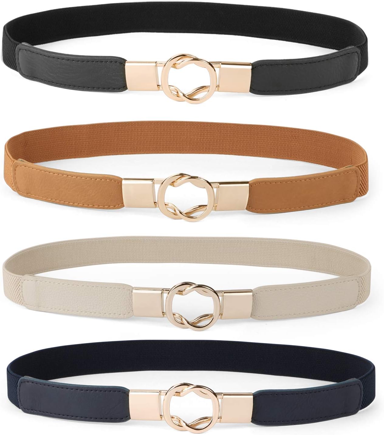 WERFORU Women Skinny Belt for Dresses Retro Stretch Waist Belt with Gold Buckle Set of 4