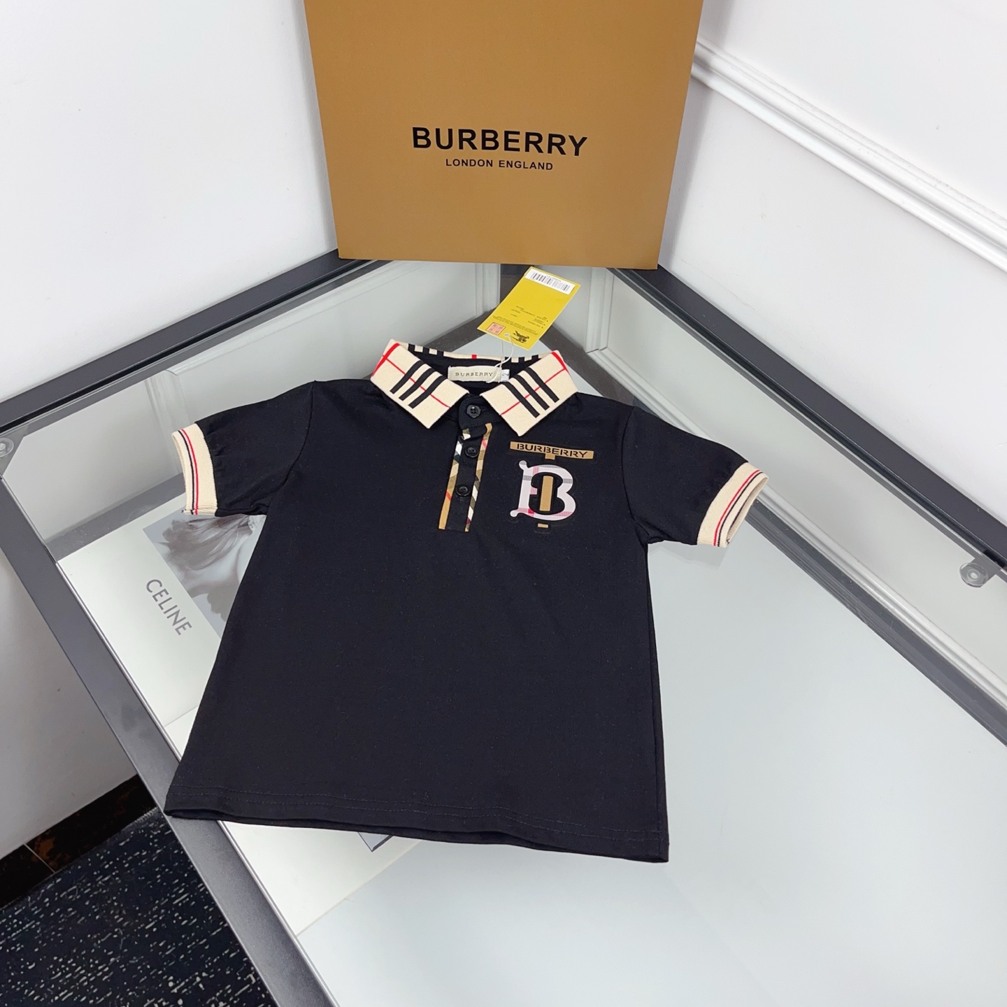 Burberry Unisex Kids Black Check Trim Collar Short Sleeve Polo Shirt Boys Girls Sizes 90-130