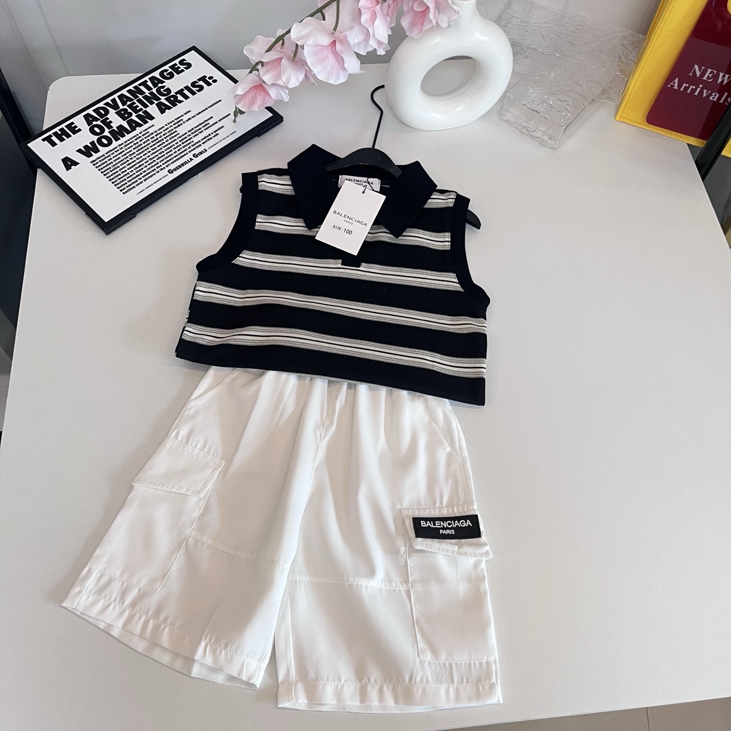 Balenciaga Boys Black White Striped Sleeveless Polo Tank Top & White Label Cargo Shorts Two Piece Set Kids Sizes 90-140