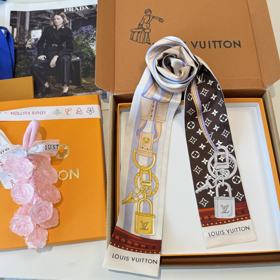 [TOP] Louis Vuitton LV Twilly Scarf - White and Brown - 711 Luxury