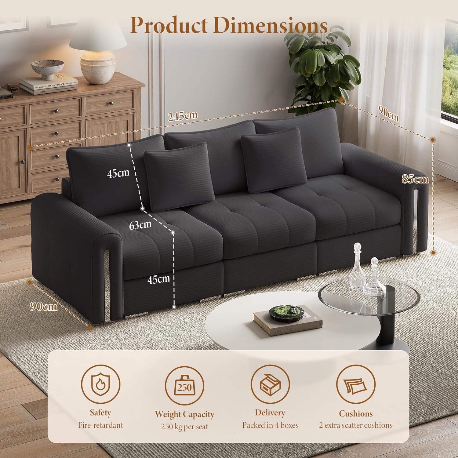Vesgantti 3 Seater Sofas with Storage, Modular Sectional Dark Grey Sofa for Living Room in soft Corduroy, Small Couch for Bedroom, Home Office, Studio, 3 Seater