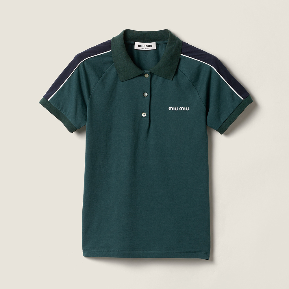 Designer blue Clothing MiuMiu Bottle Green blue Cotton Jersey Polo Shirt View 2 | Nigo Office